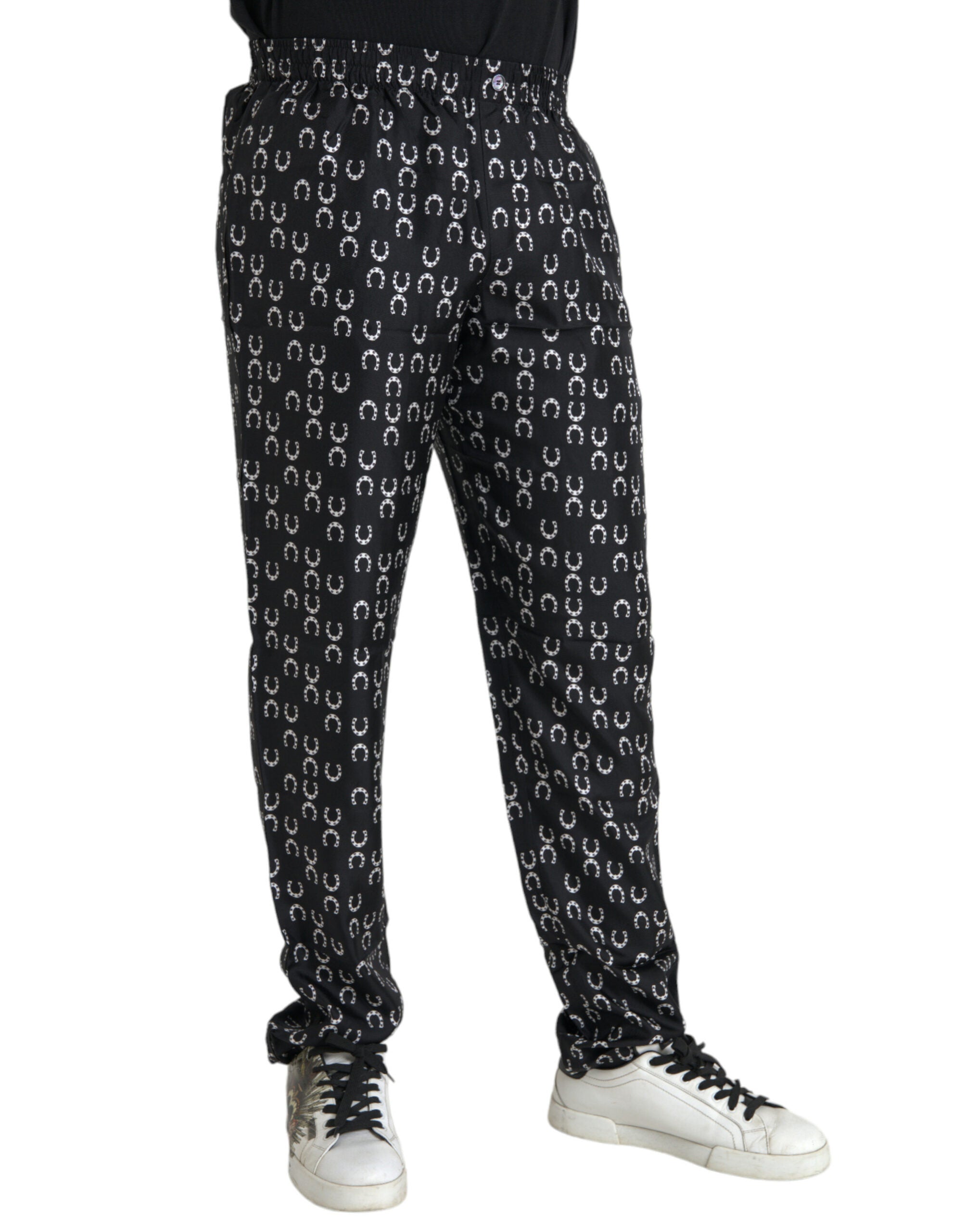 Dolce & Gabbana black silk trousers with horseshoe pattern-2