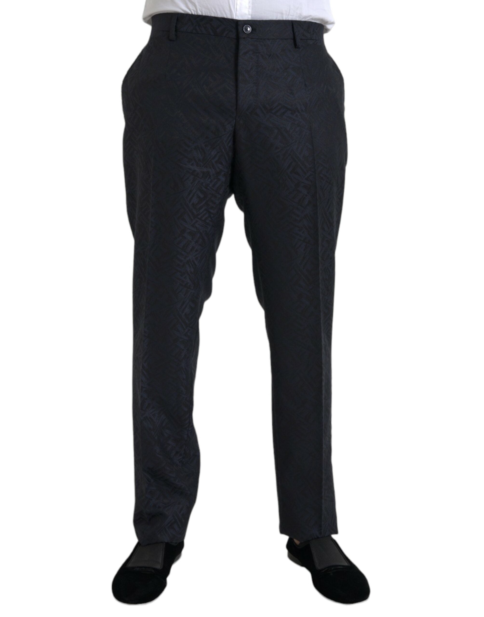Dolce & Gabbana Blue Brocade Wool Skinny Men's Suit Trousers-1