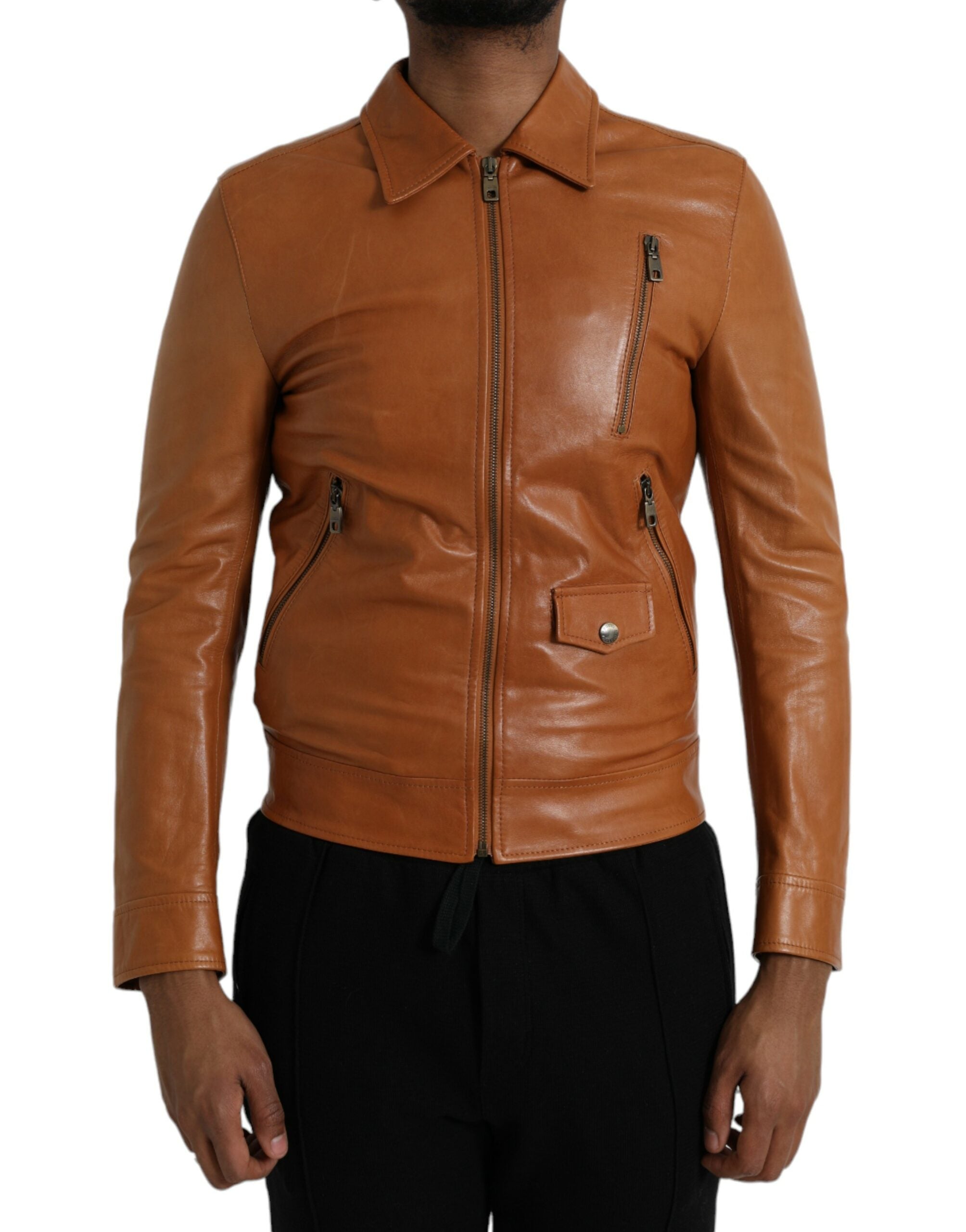 Dolce & Gabbana brown lambskin leather blouson jacket with full zip