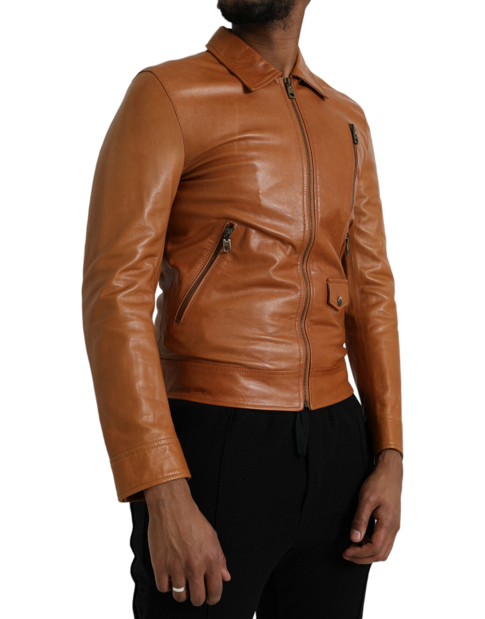 Dolce & Gabbana brown lambskin leather blouson jacket with full zip-2