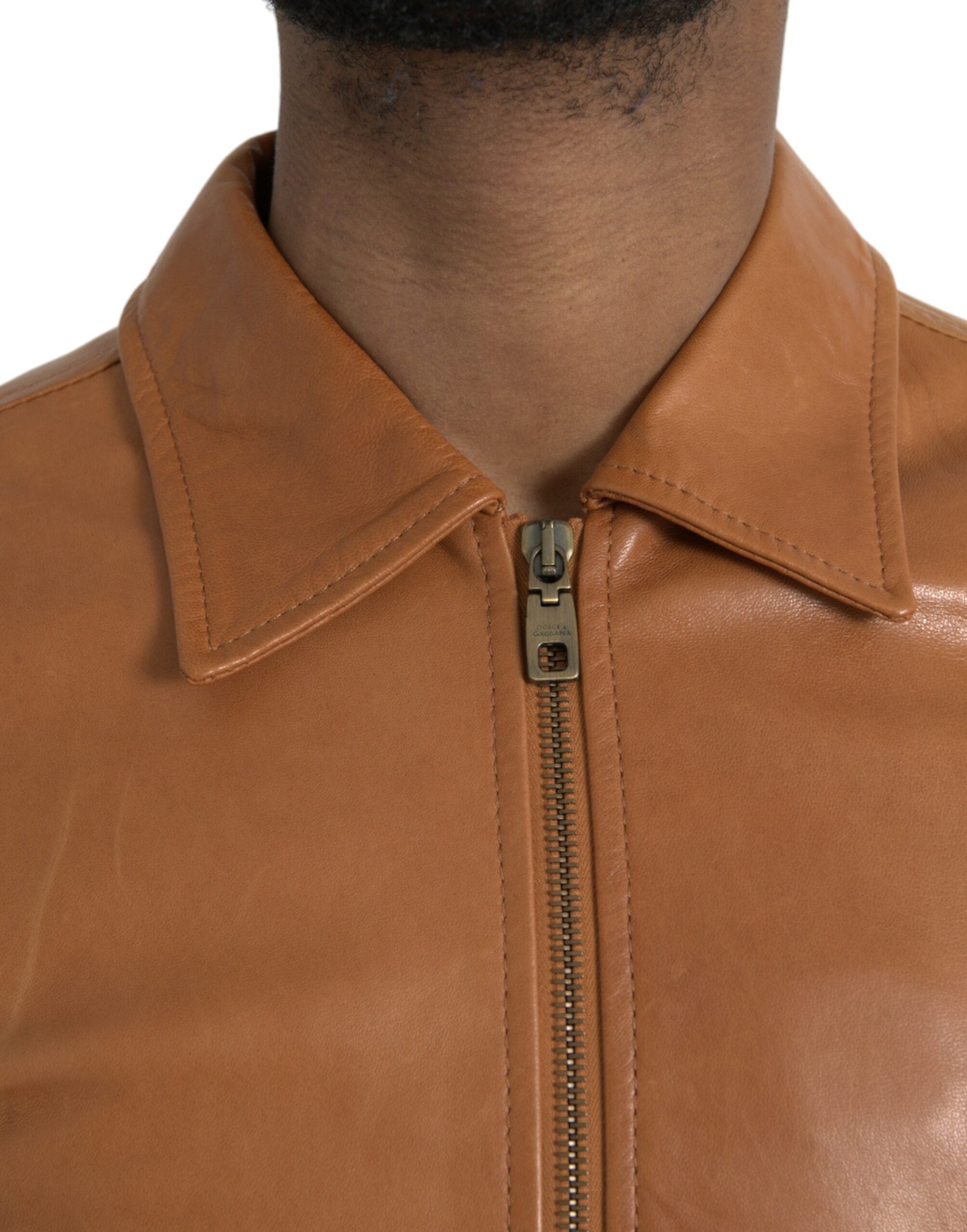 Dolce & Gabbana brown lambskin leather blouson jacket with full zip-4