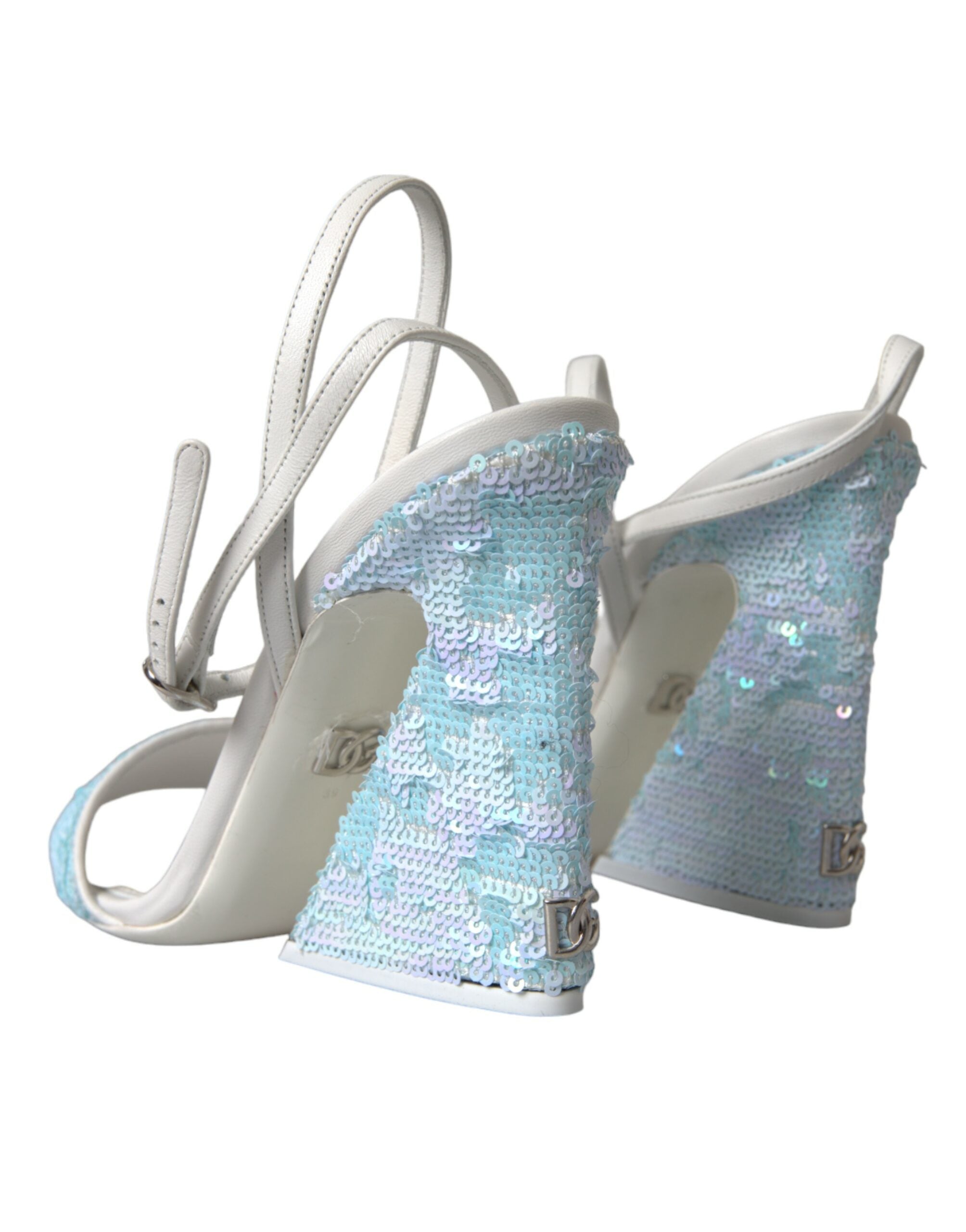 Dolce & Gabbana Hellblaue Pailletten Riemchensandalen Schuhe-4