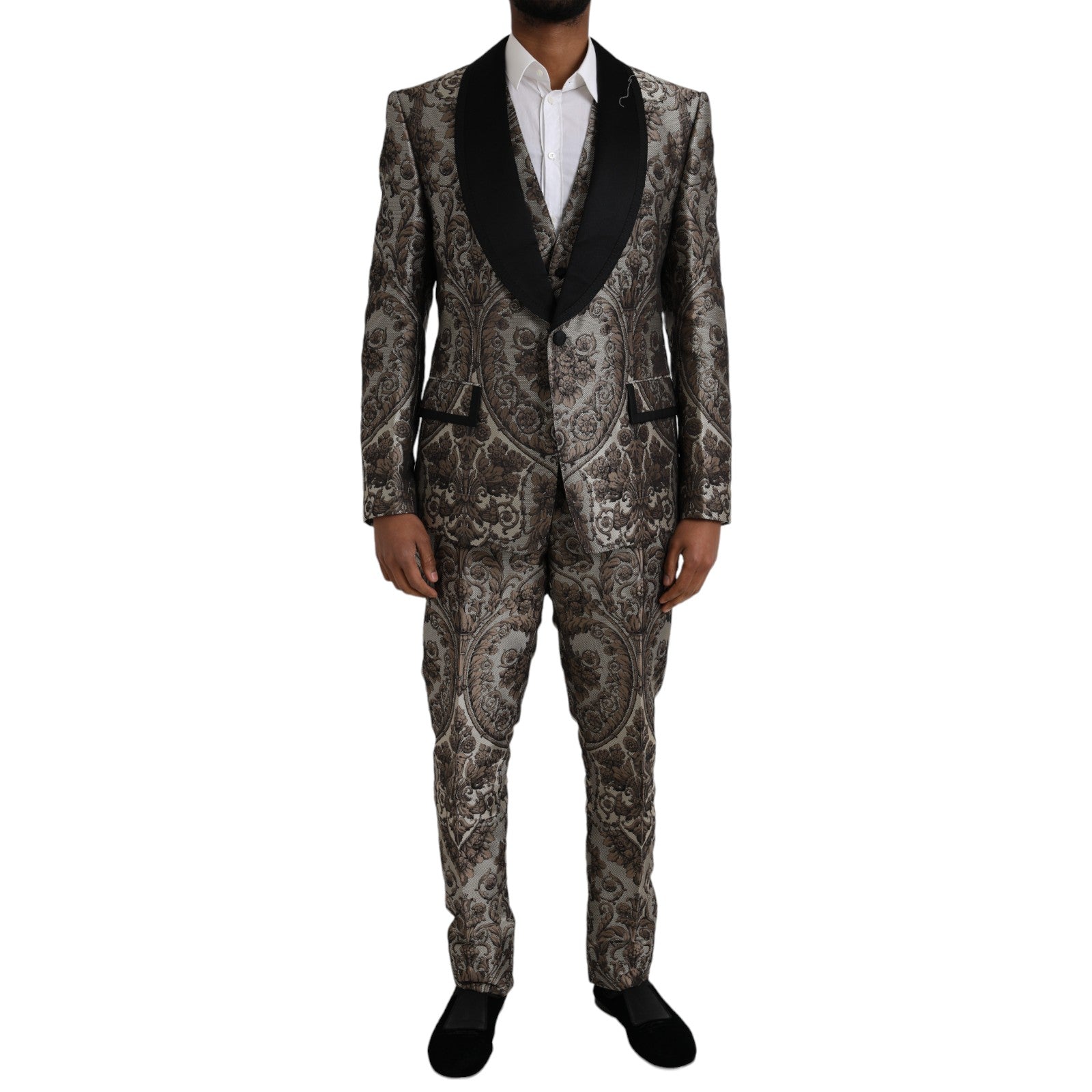 Dolce & Gabbana Brown Floral Jacquard Formal 3-Piece Suit-1