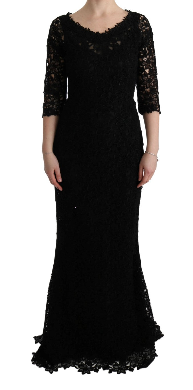 Dolce & Gabbana Black Floral Long Ricamo Sheath Dress