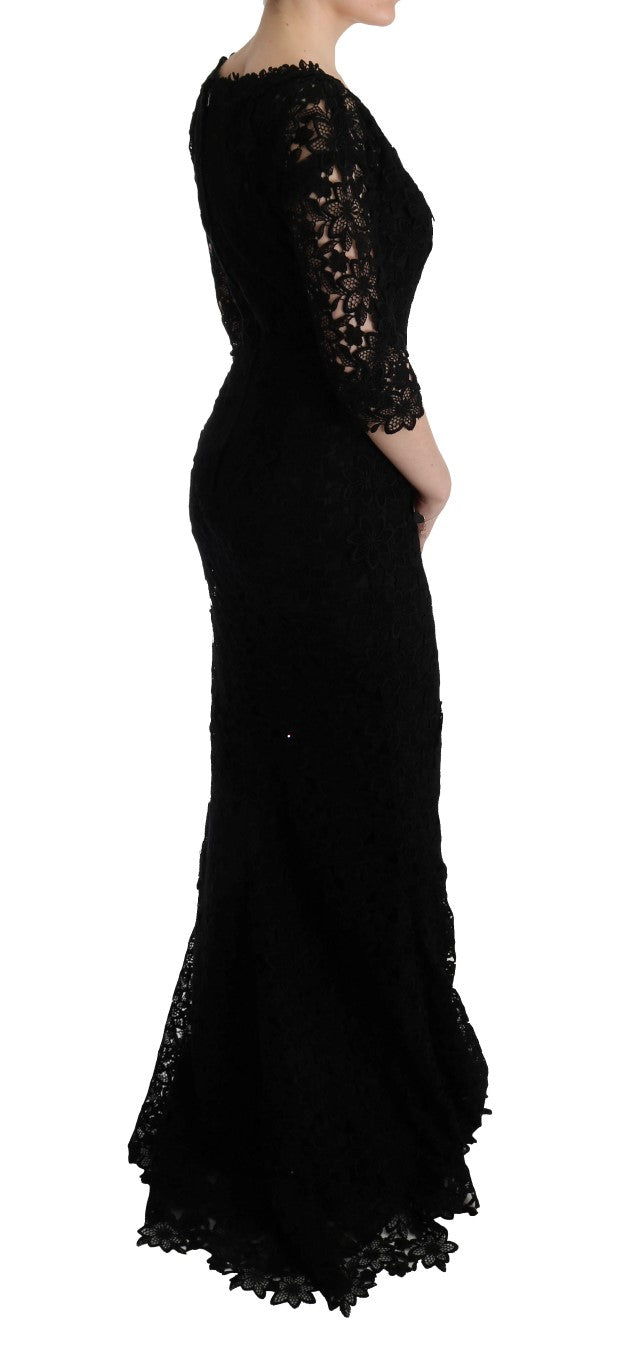 Dolce & Gabbana Black Floral Long Ricamo Sheath Dress-4