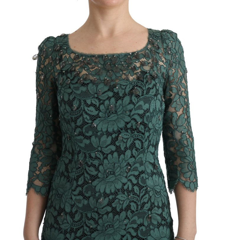 Dolce & Gabbana Green Floral Crystal Ricamo Sheath Dress-5