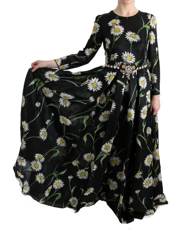 Dolce & Gabbana Long maxi dress with sunflower print in silk, multicolor-7