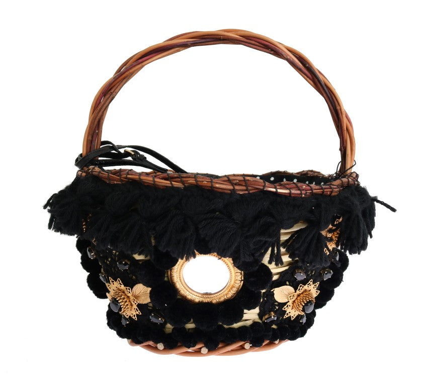 Dolce & Gabbana Beige Straw Snakeskin Pom Pom Crystal AGNESE Bag-1