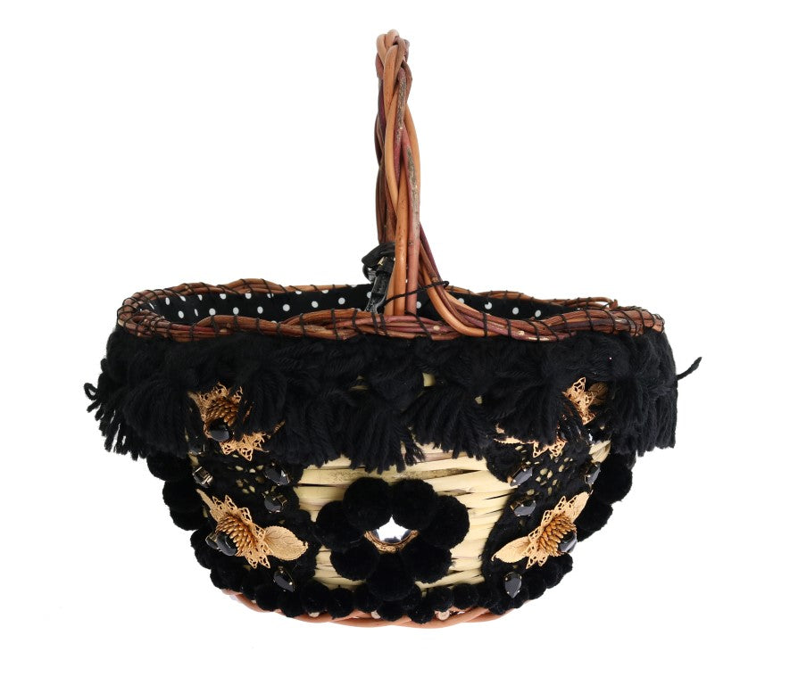 Dolce & Gabbana Beige Straw Snakeskin Pom Pom Crystal AGNESE Bag-2