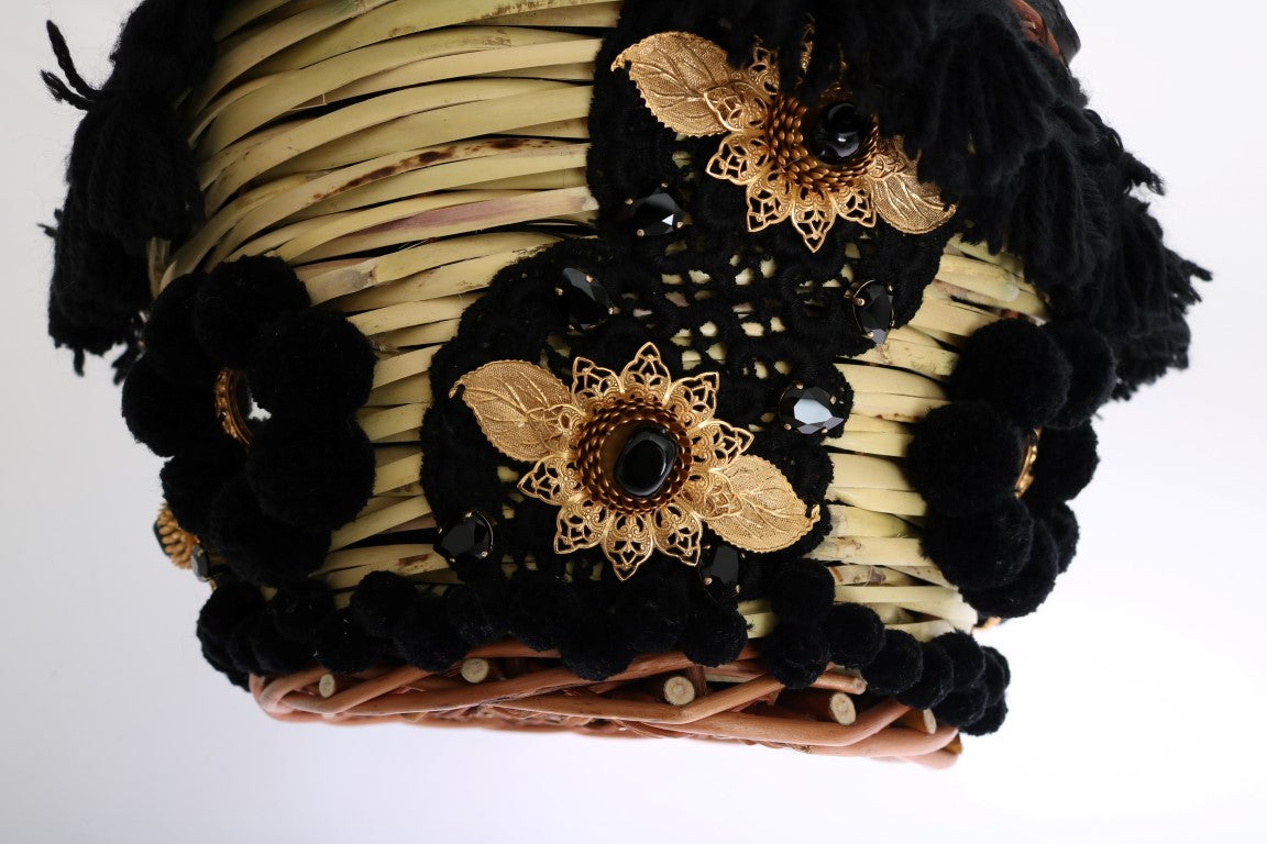 Dolce & Gabbana Beige Straw Snakeskin Pom Pom Crystal AGNESE Bag-5