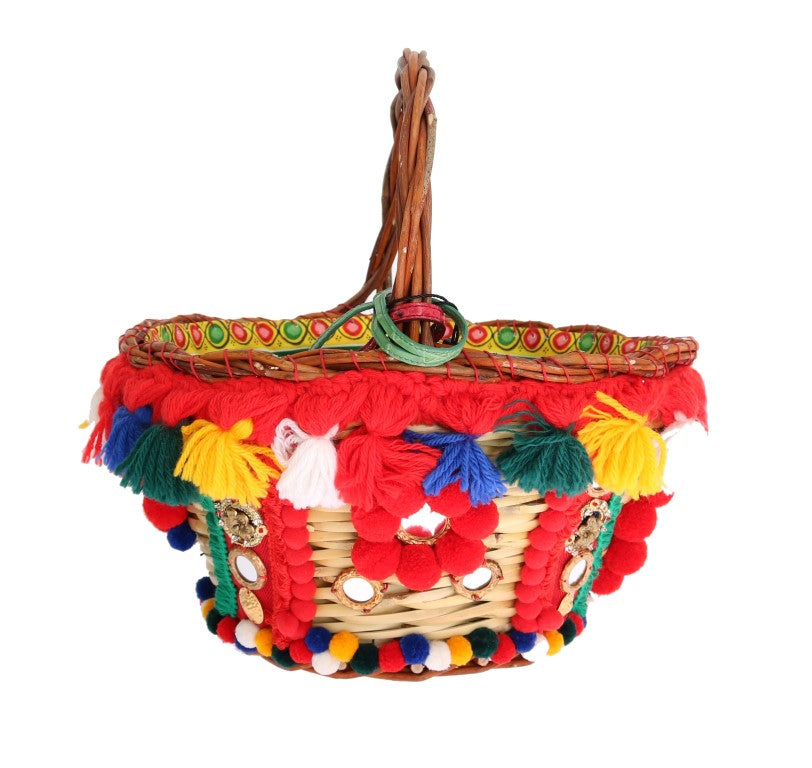 Dolce & Gabbana Multicolor AGNESE Stroh Kristall Pom Pom Tasche-2