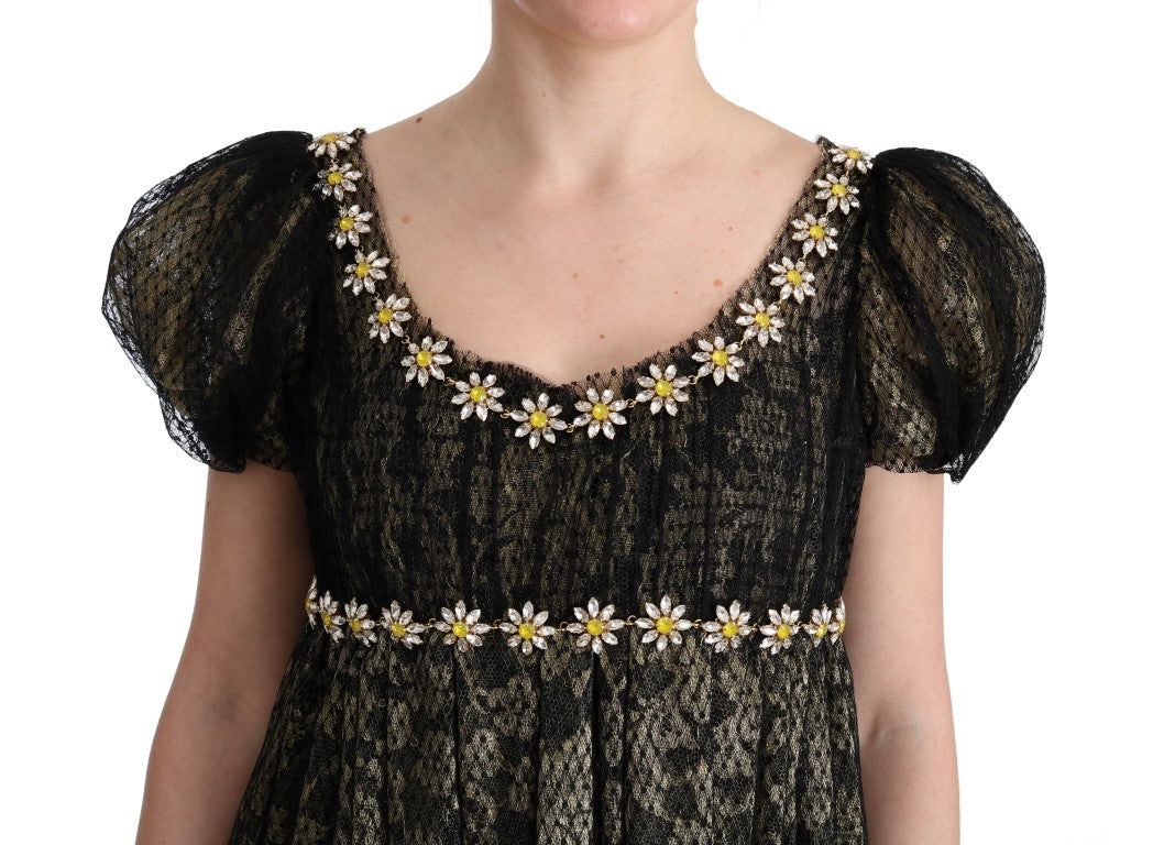 Dolce & Gabbana Black and Yellow Crystal Lace Shift Dress-5