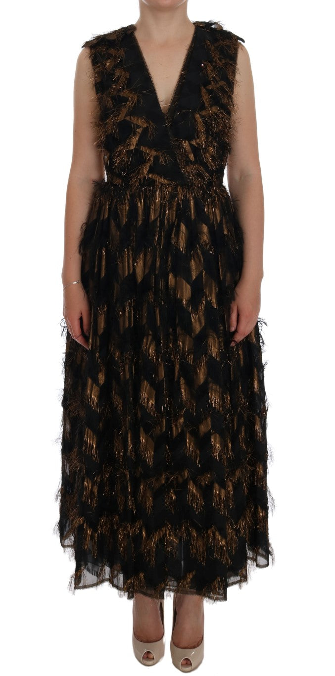 Dolce & Gabbana Schwarzes Seidenkleid mit braunen Fransen in A-Linie-1