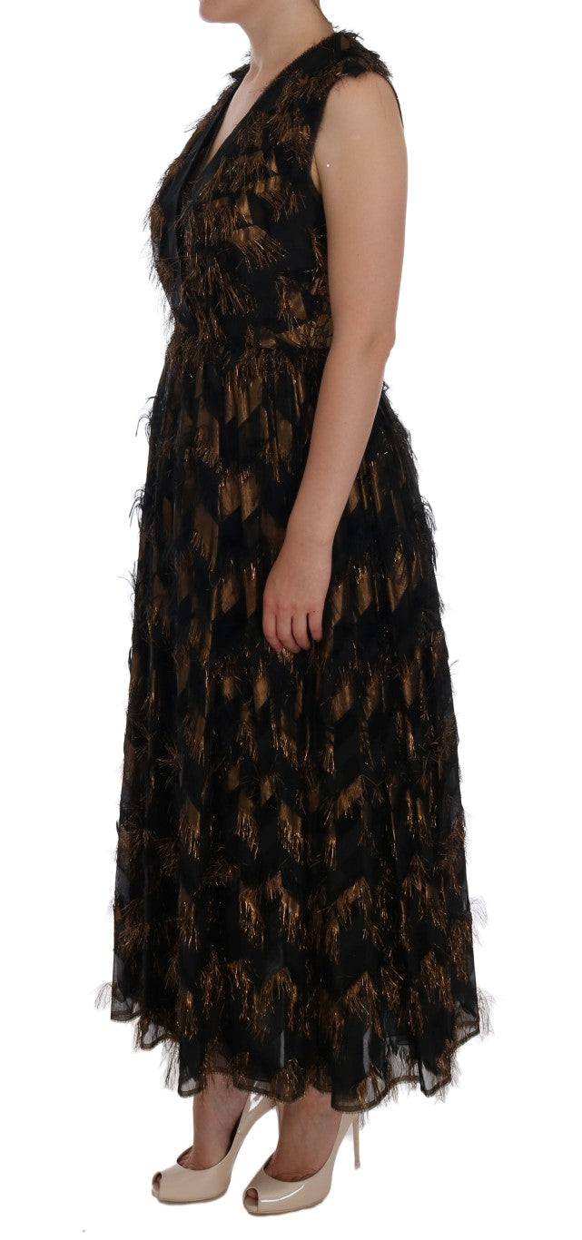 Dolce & Gabbana Schwarzes Seidenkleid mit braunen Fransen in A-Linie-2