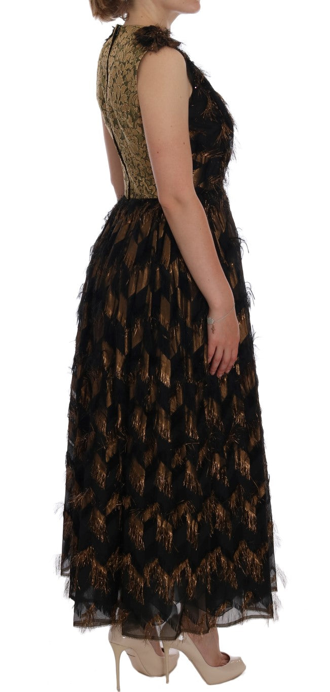 Dolce & Gabbana Schwarzes Seidenkleid mit braunen Fransen in A-Linie-4