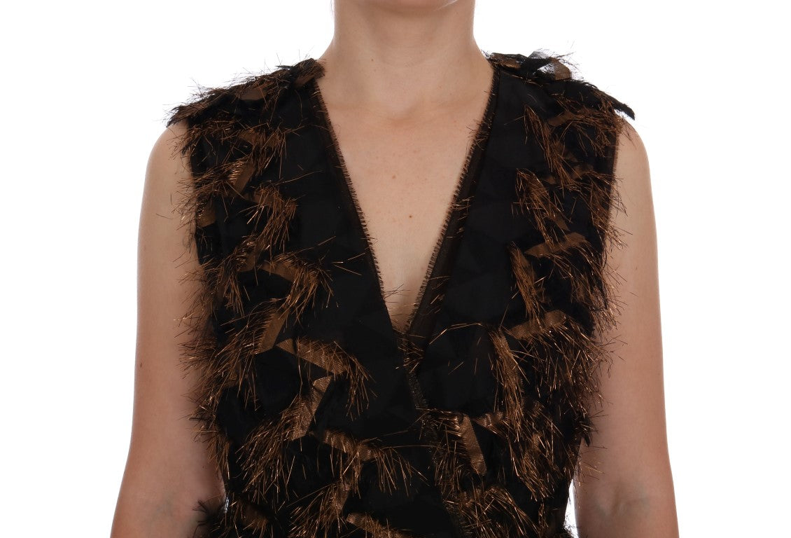 Dolce & Gabbana Schwarzes Seidenkleid mit braunen Fransen in A-Linie-5