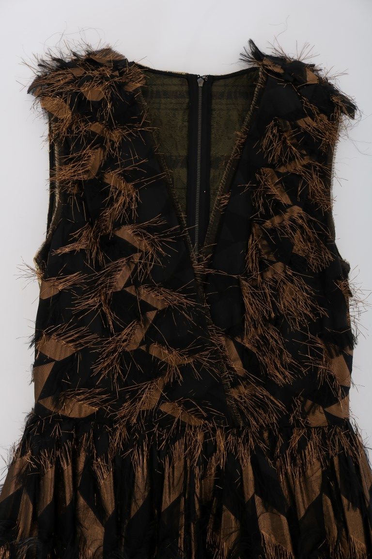 Dolce & Gabbana Schwarzes Seidenkleid mit braunen Fransen in A-Linie-6