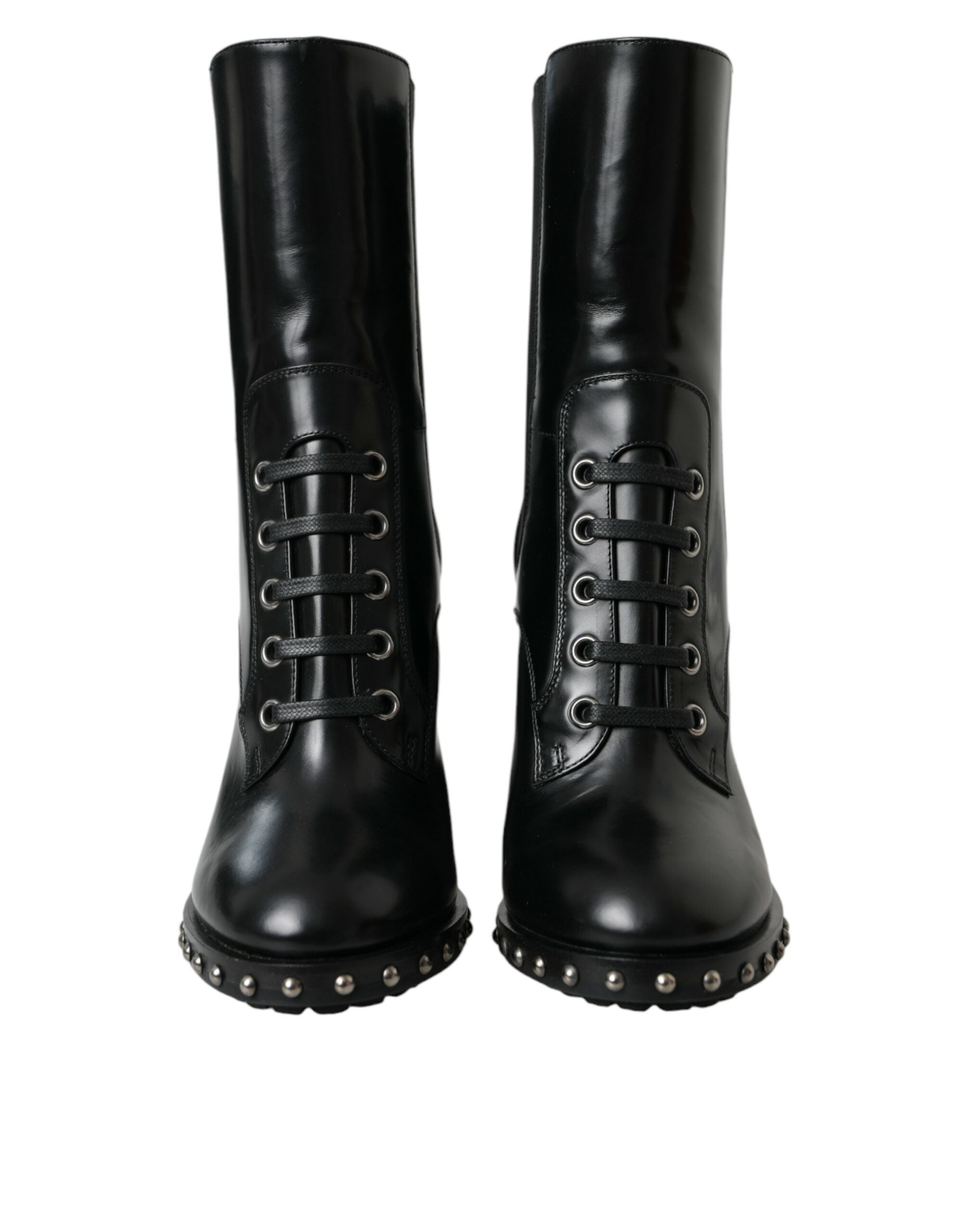 Dolce & Gabbana Black Leather Studded Lace-Up Boots Shoes-2