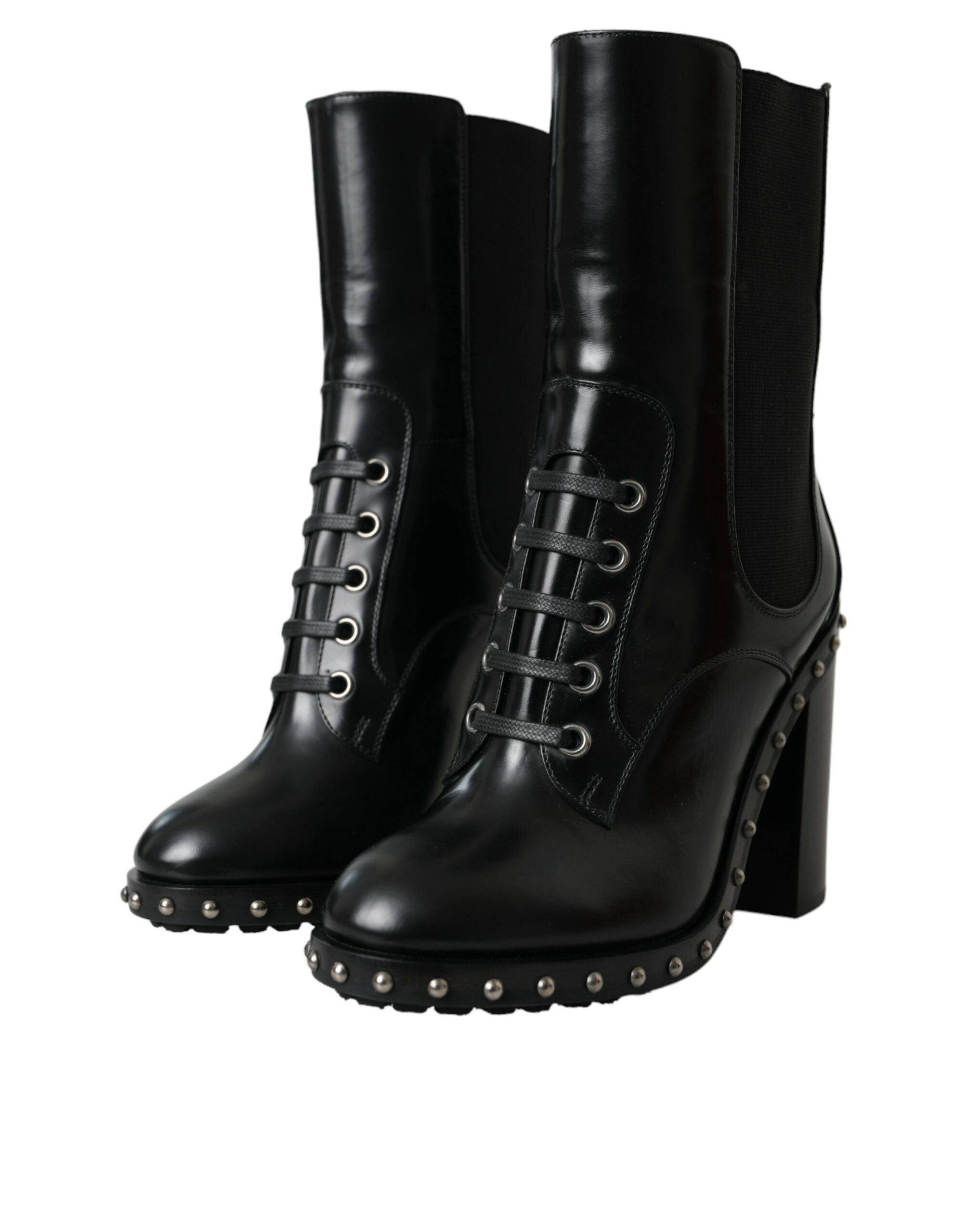 Dolce & Gabbana Black Leather Studded Lace-Up Boots Shoes-3