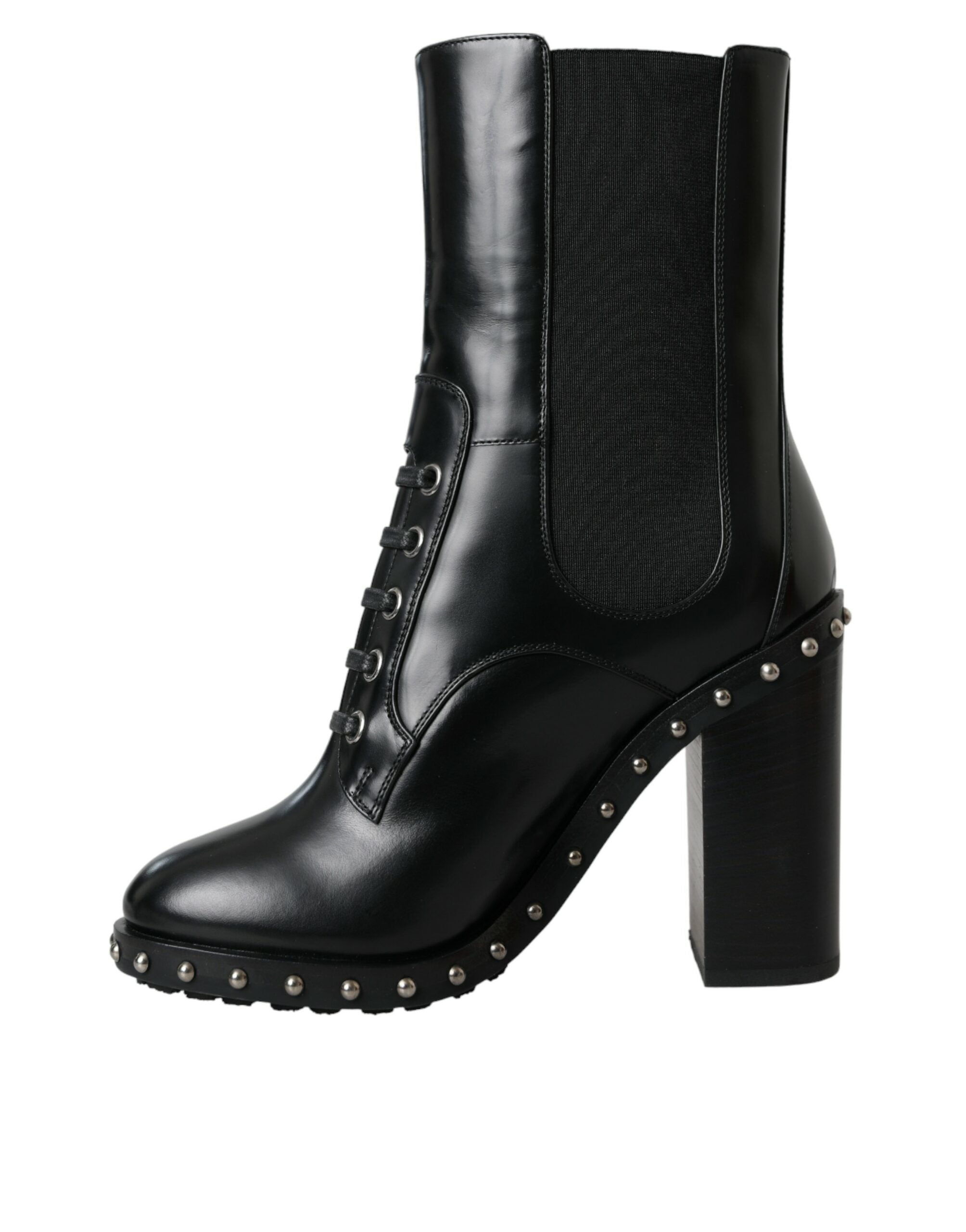 Dolce & Gabbana Black Leather Studded Lace-Up Boots Shoes-5