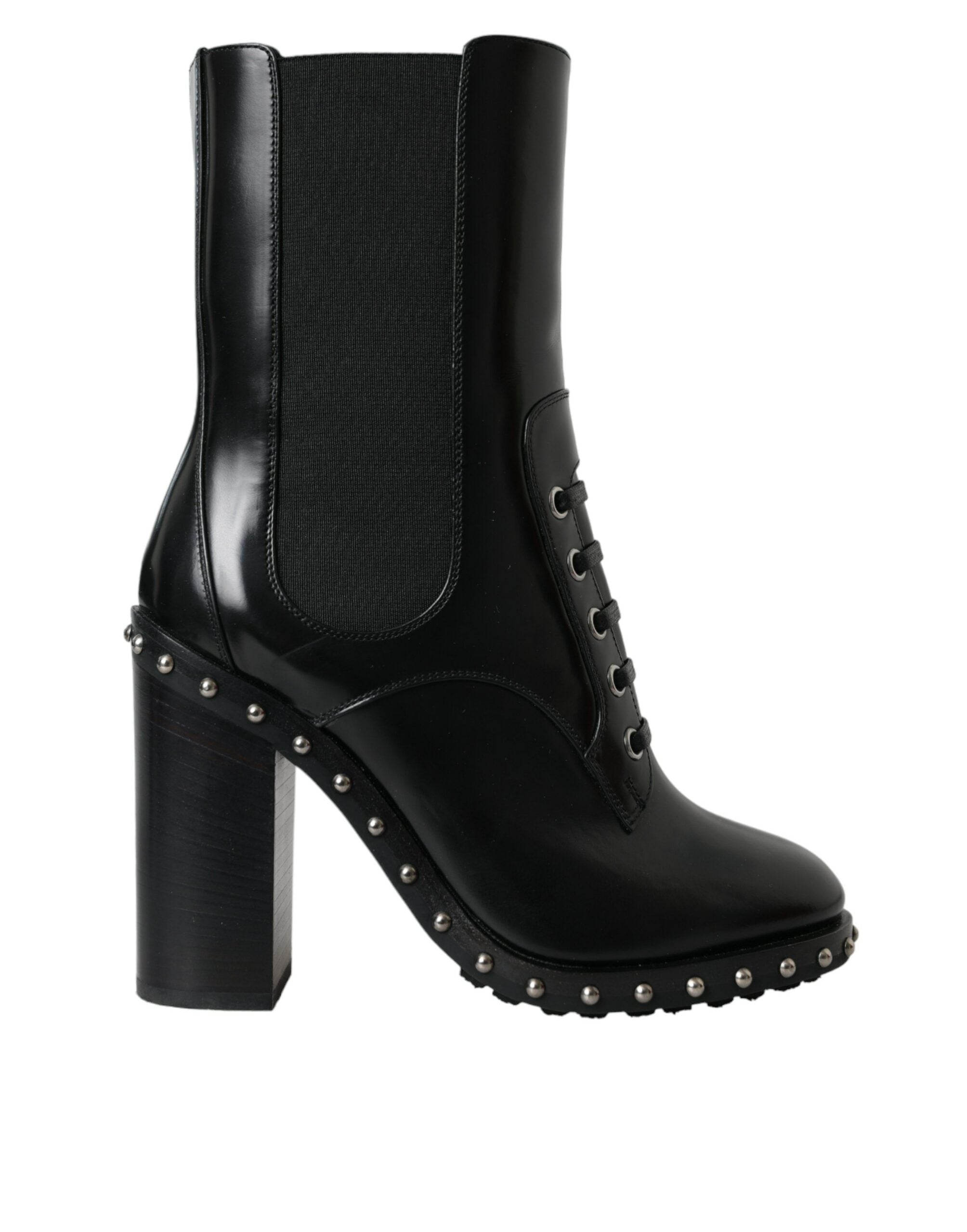 Dolce & Gabbana Black Leather Studded Lace-Up Boots Shoes-1