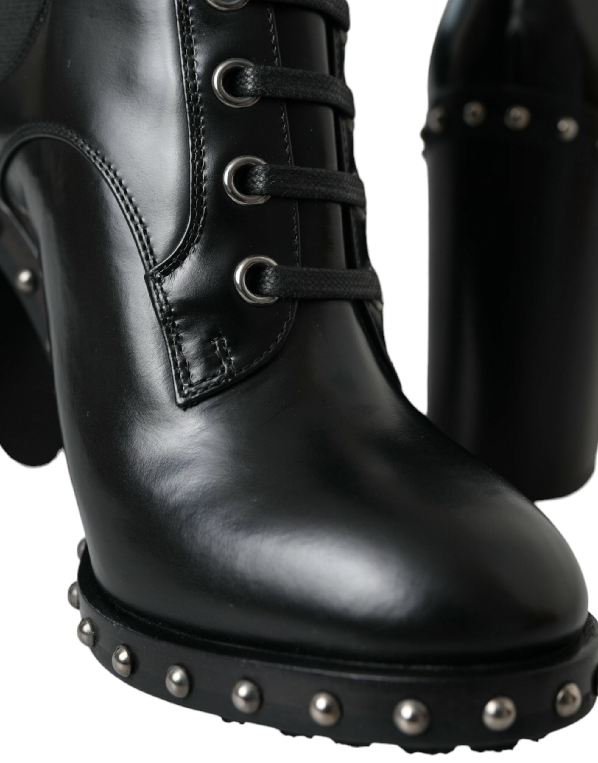 Dolce & Gabbana Black Leather Studded Lace-Up Boots Shoes-7