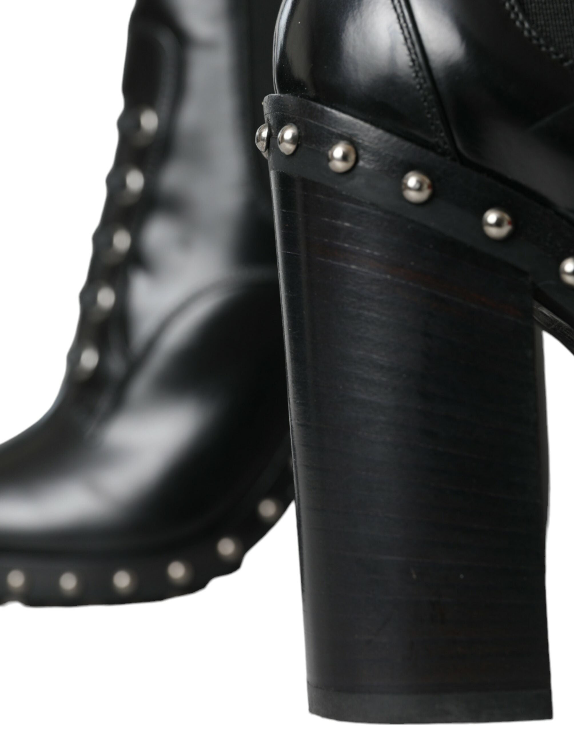 Dolce & Gabbana Black Leather Studded Lace-Up Boots Shoes-8