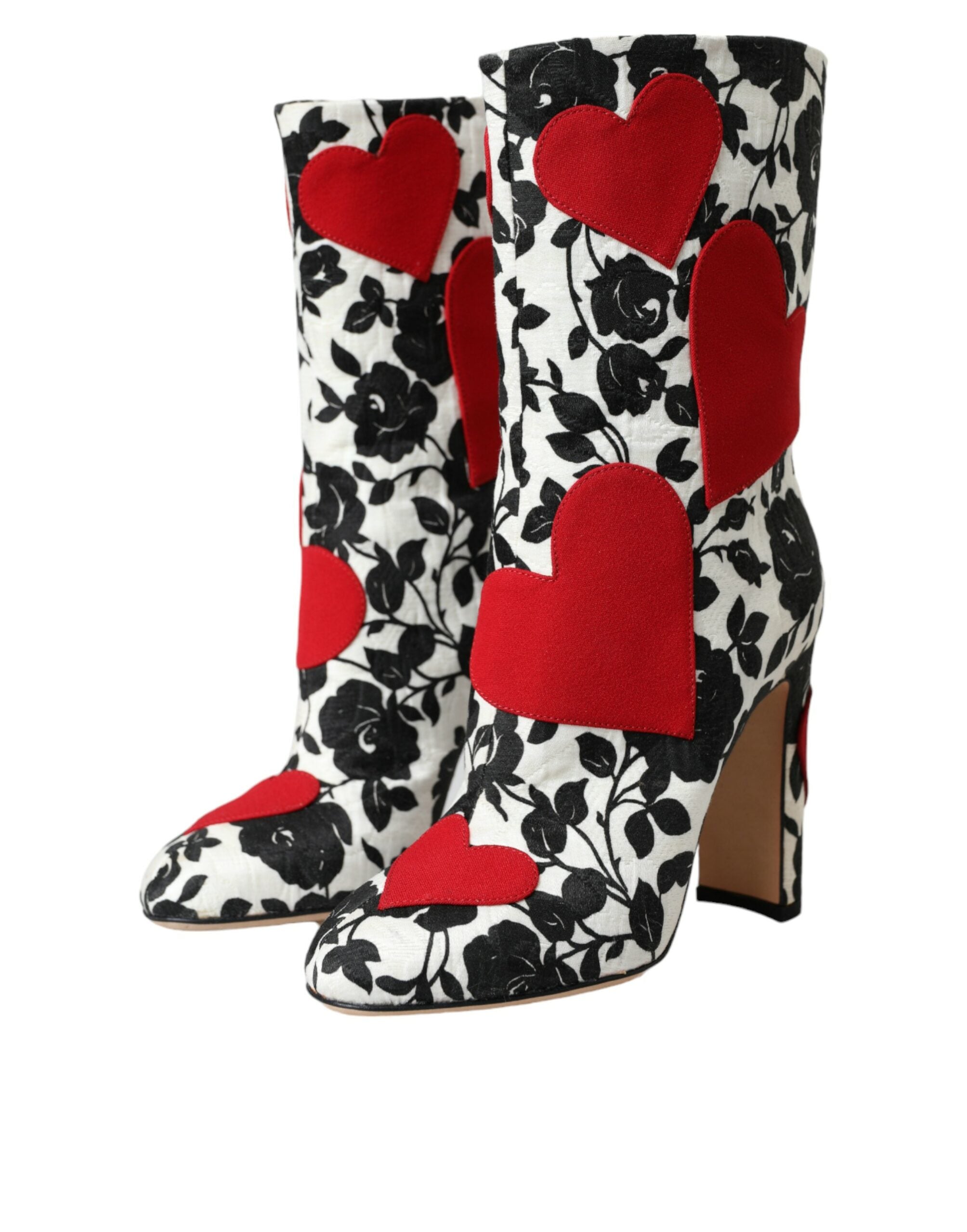 Dolce & Gabbana White Floral Hearts Leather High Boots Shoes-3