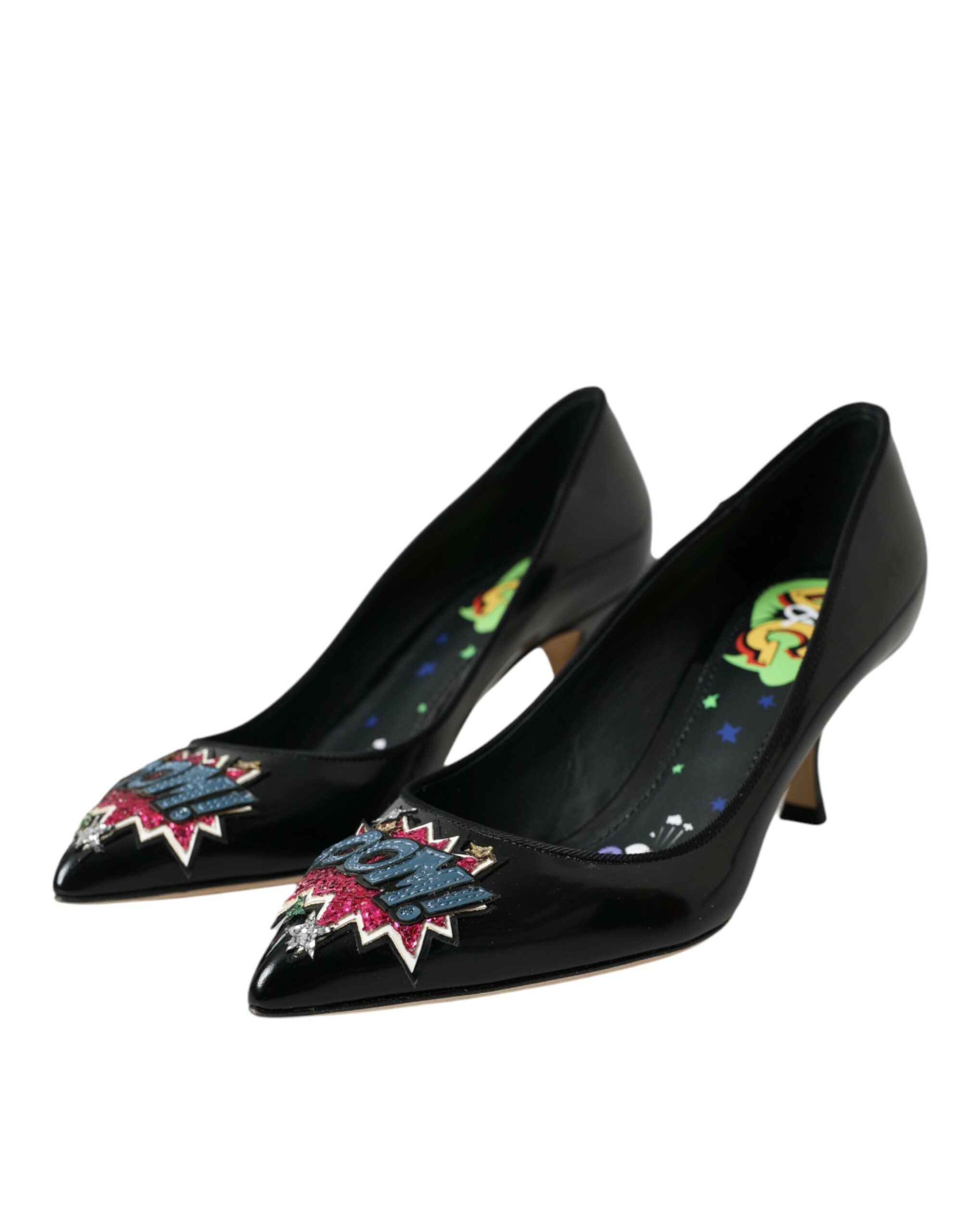 Dolce & Gabbana Schwarz Leder BOOM Patch Heels Pumps Schuhe-3