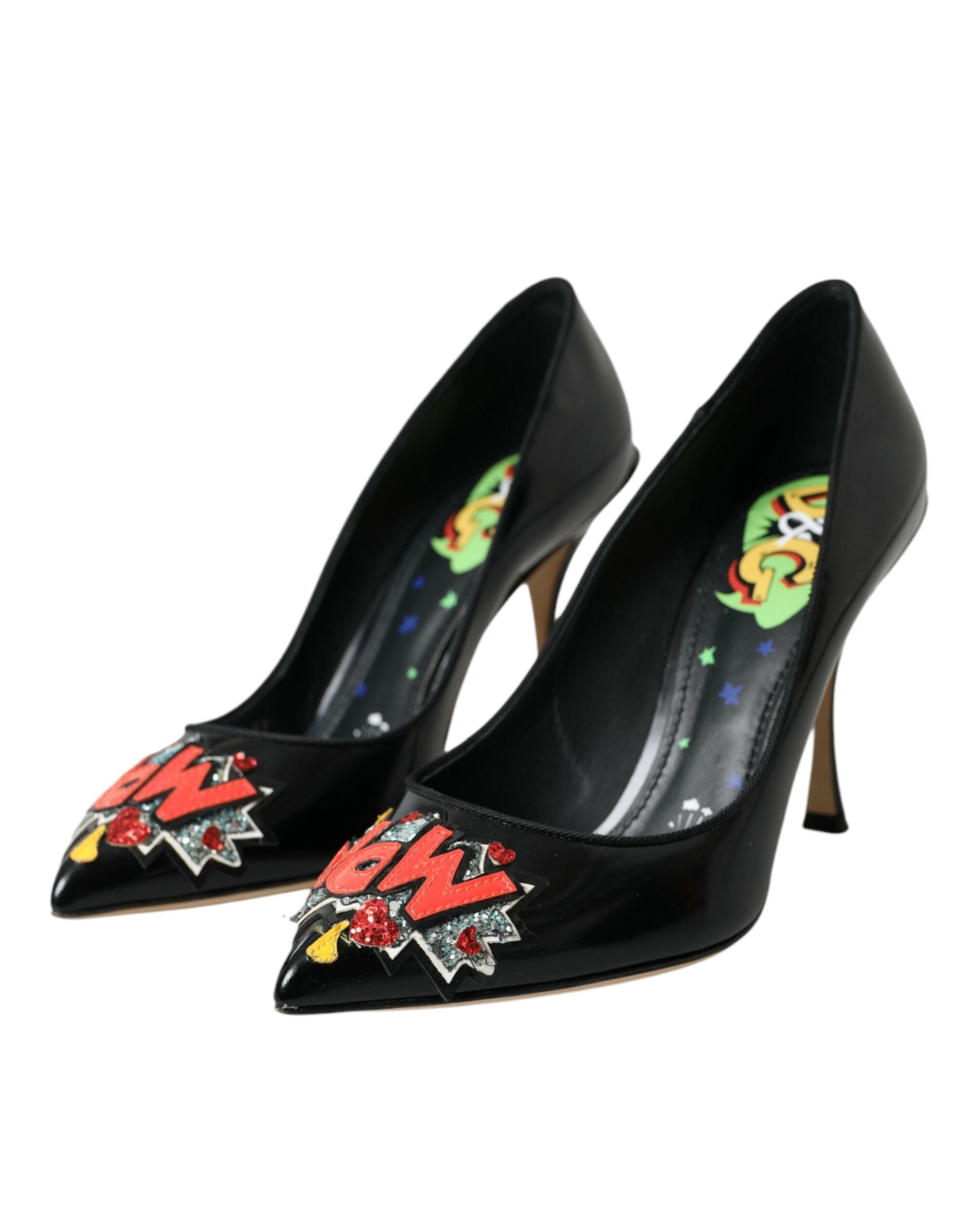 Dolce & Gabbana Black Leather WOW Patch Heels Pumps Shoes-3