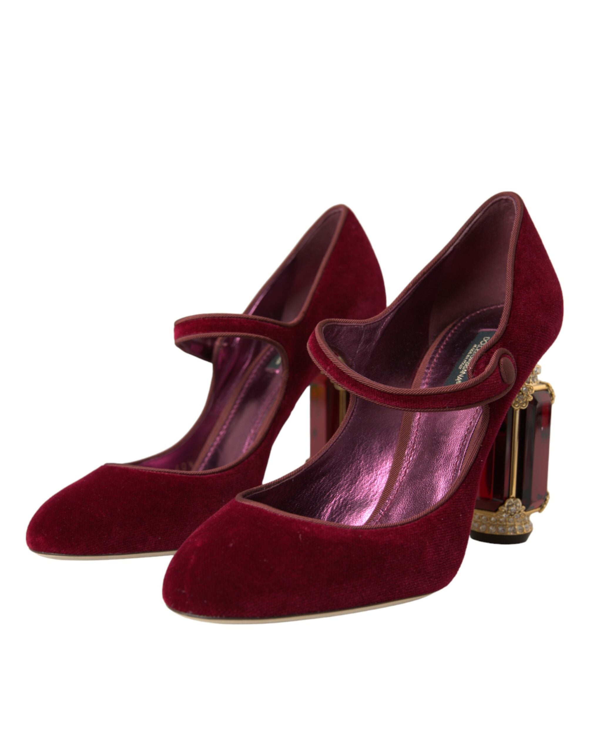 Dolce & Gabbana Red Velvet Gold Crystal Heels Mary Jane Shoes-3