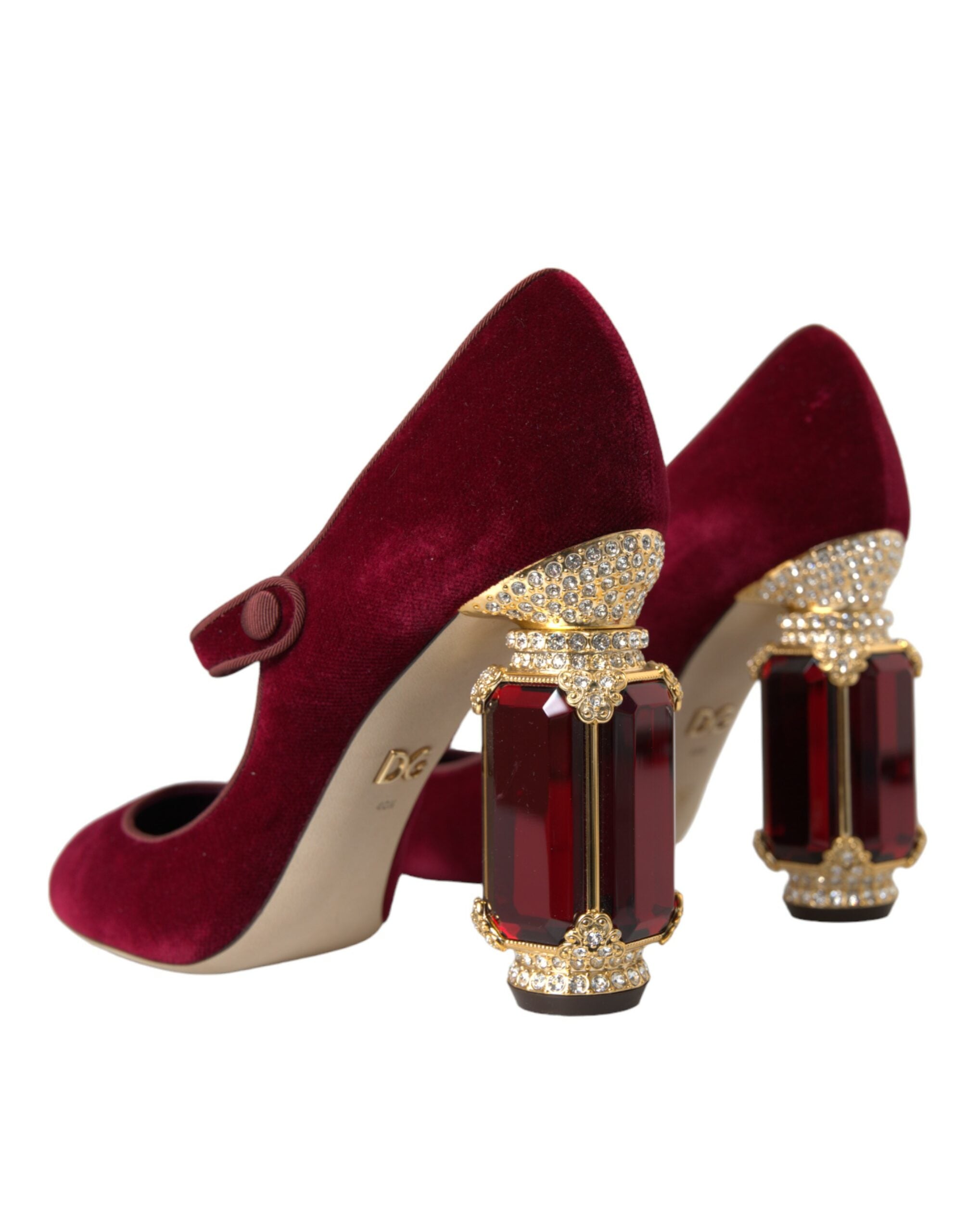 Dolce & Gabbana Red Velvet Gold Crystal Heels Mary Jane Shoes-4