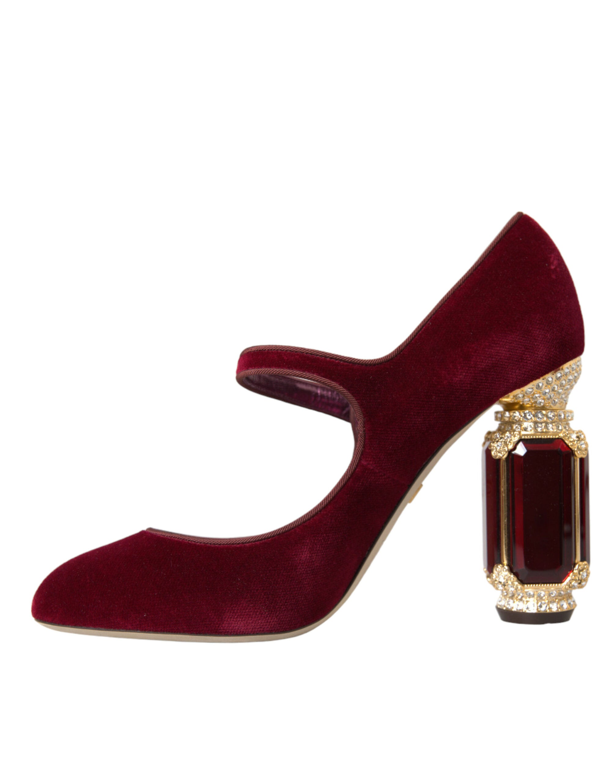Dolce & Gabbana Red Velvet Gold Crystal Heels Mary Jane Shoes-5
