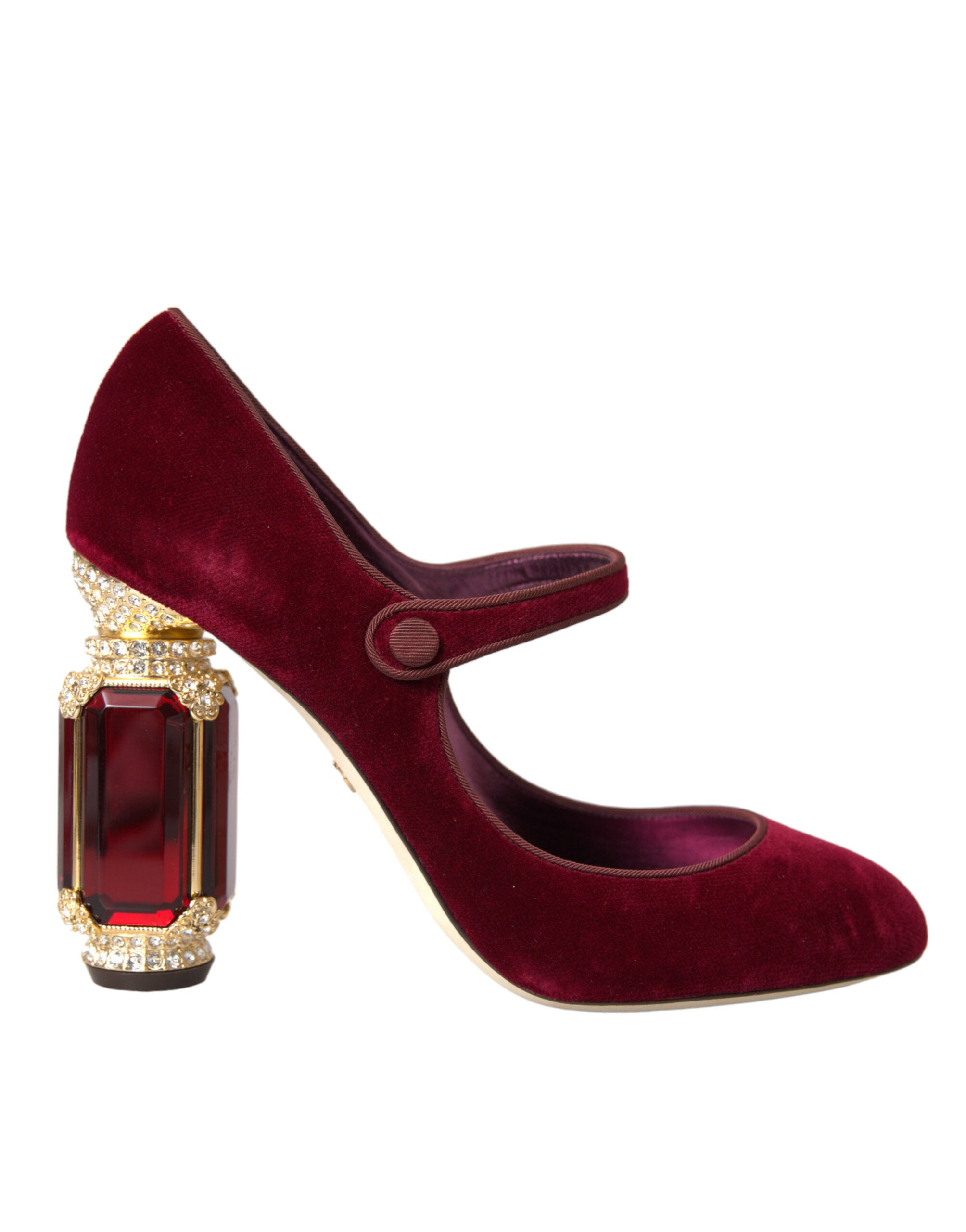 Dolce & Gabbana Red Velvet Gold Crystal Heels Mary Jane Shoes-1