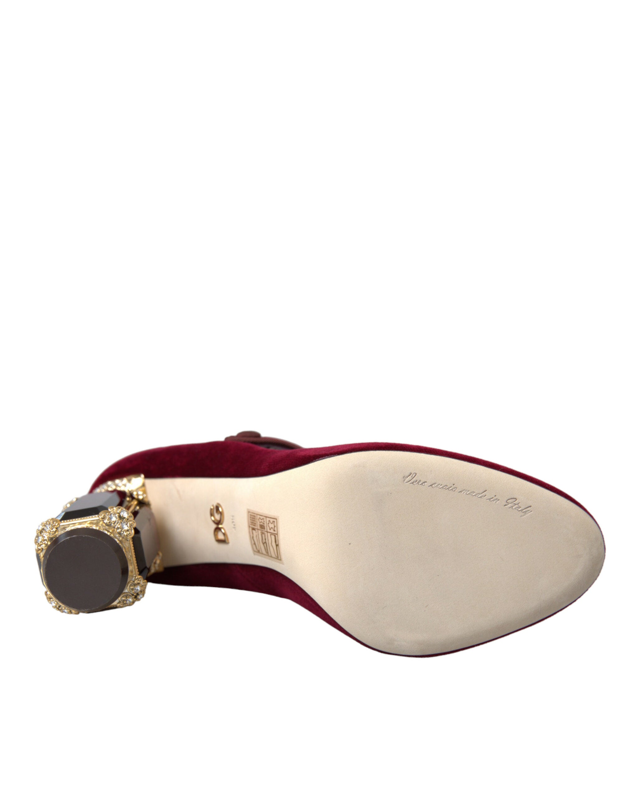 Dolce & Gabbana Red Velvet Gold Crystal Heels Mary Jane Shoes-6