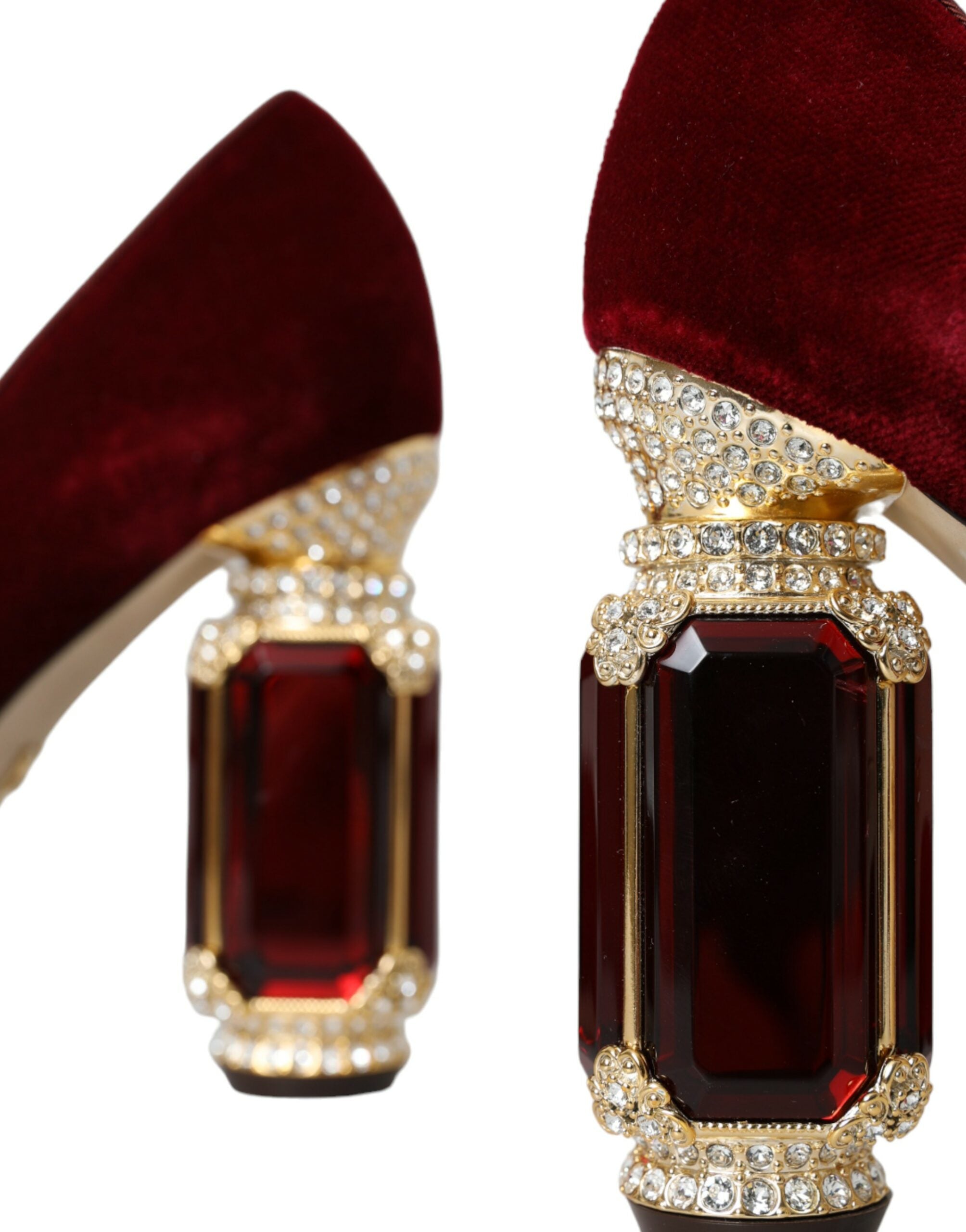 Dolce & Gabbana Red Velvet Gold Crystal Heels Mary Jane Shoes-7