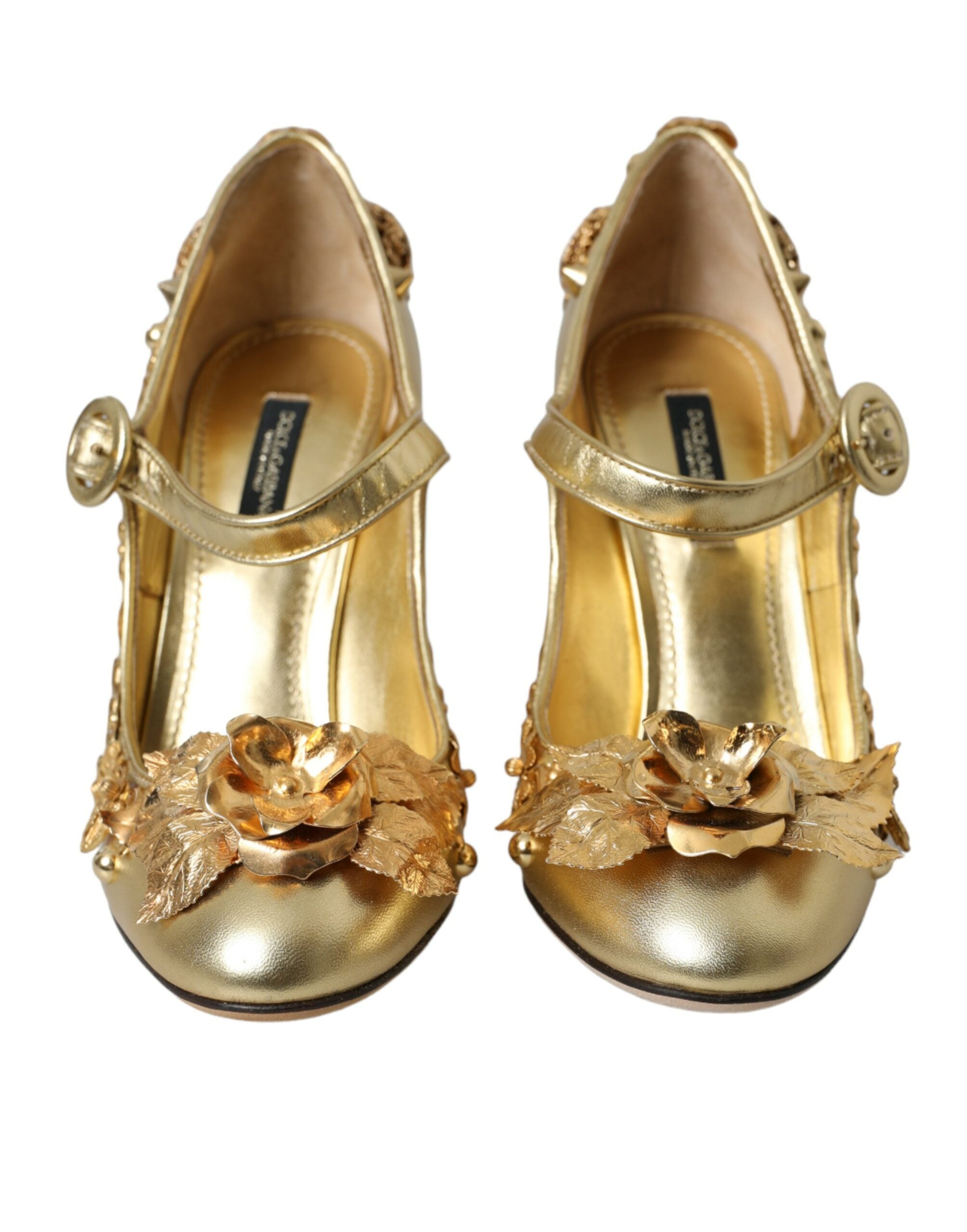 Dolce & Gabbana Gold Leder Kristall Mary Janes Pumps Schuhe-2