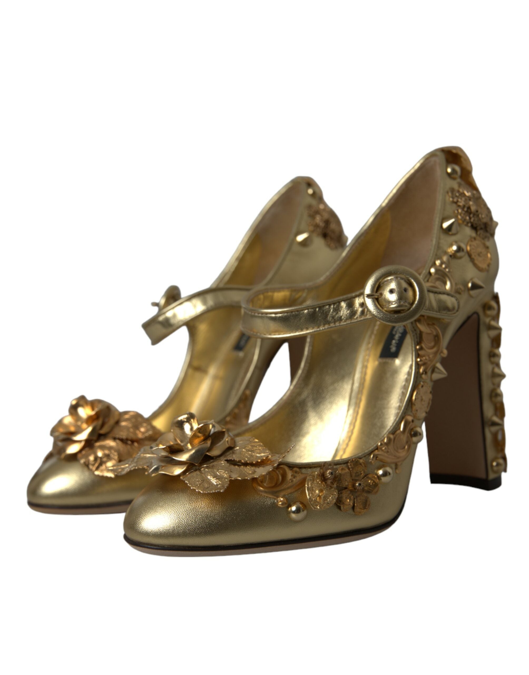 Dolce & Gabbana Gold Leder Kristall Mary Janes Pumps Schuhe-3
