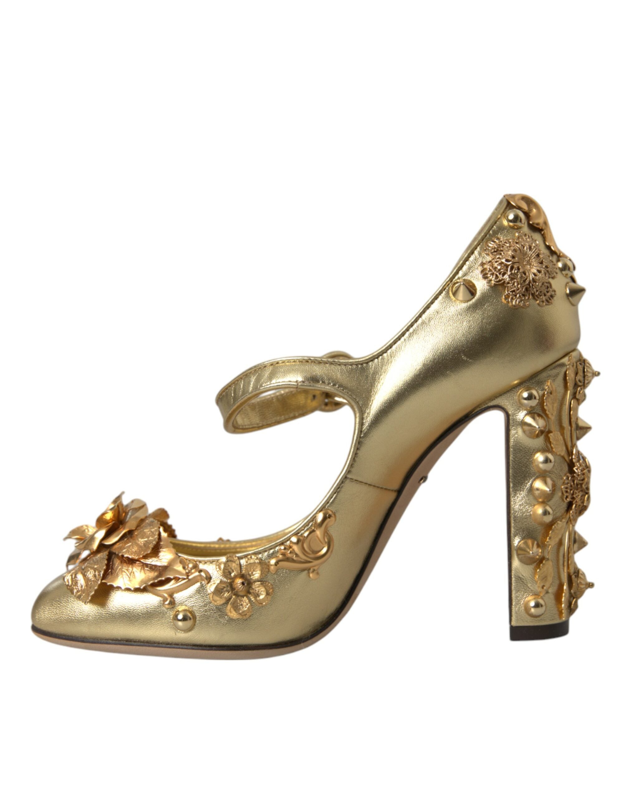 Dolce & Gabbana Gold Leder Kristall Mary Janes Pumps Schuhe-5