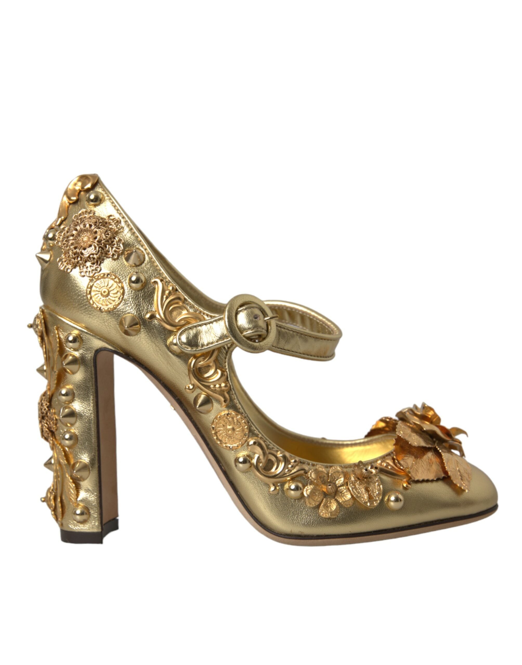 Dolce & Gabbana Gold Leather Crystal Mary Jane Pumps Shoes