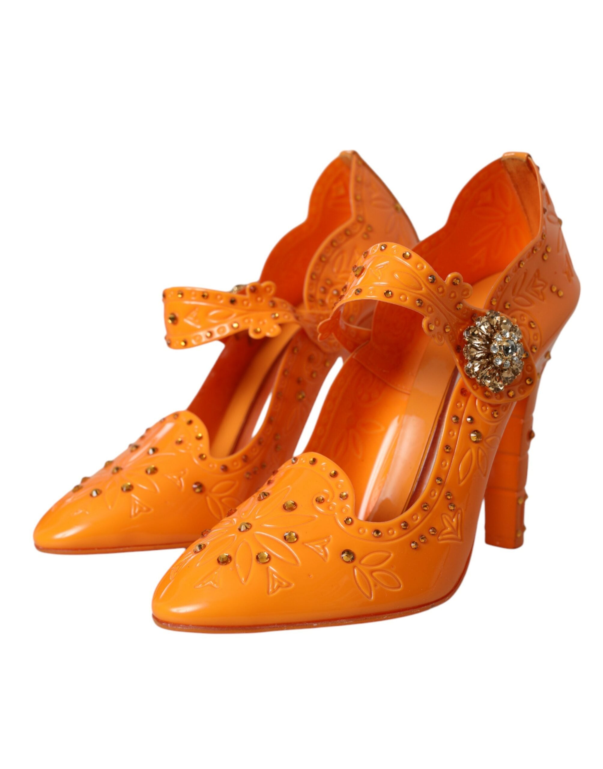 Zapatos de tacón con cristales y estampado floral de la Cenicienta en color naranja de Dolce & Gabbana-3