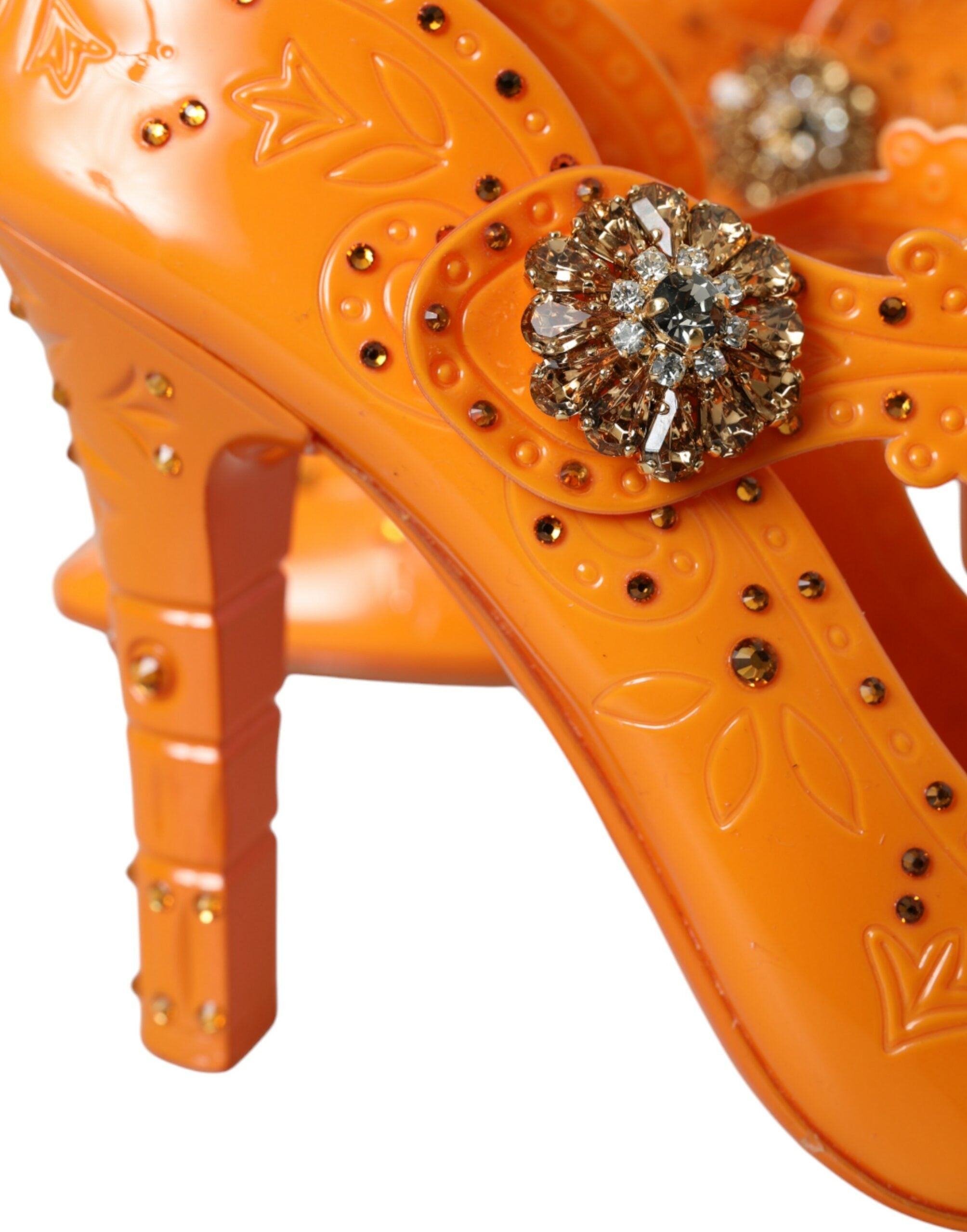 Zapatos de tacón con cristales y estampado floral de la Cenicienta en color naranja de Dolce & Gabbana-8