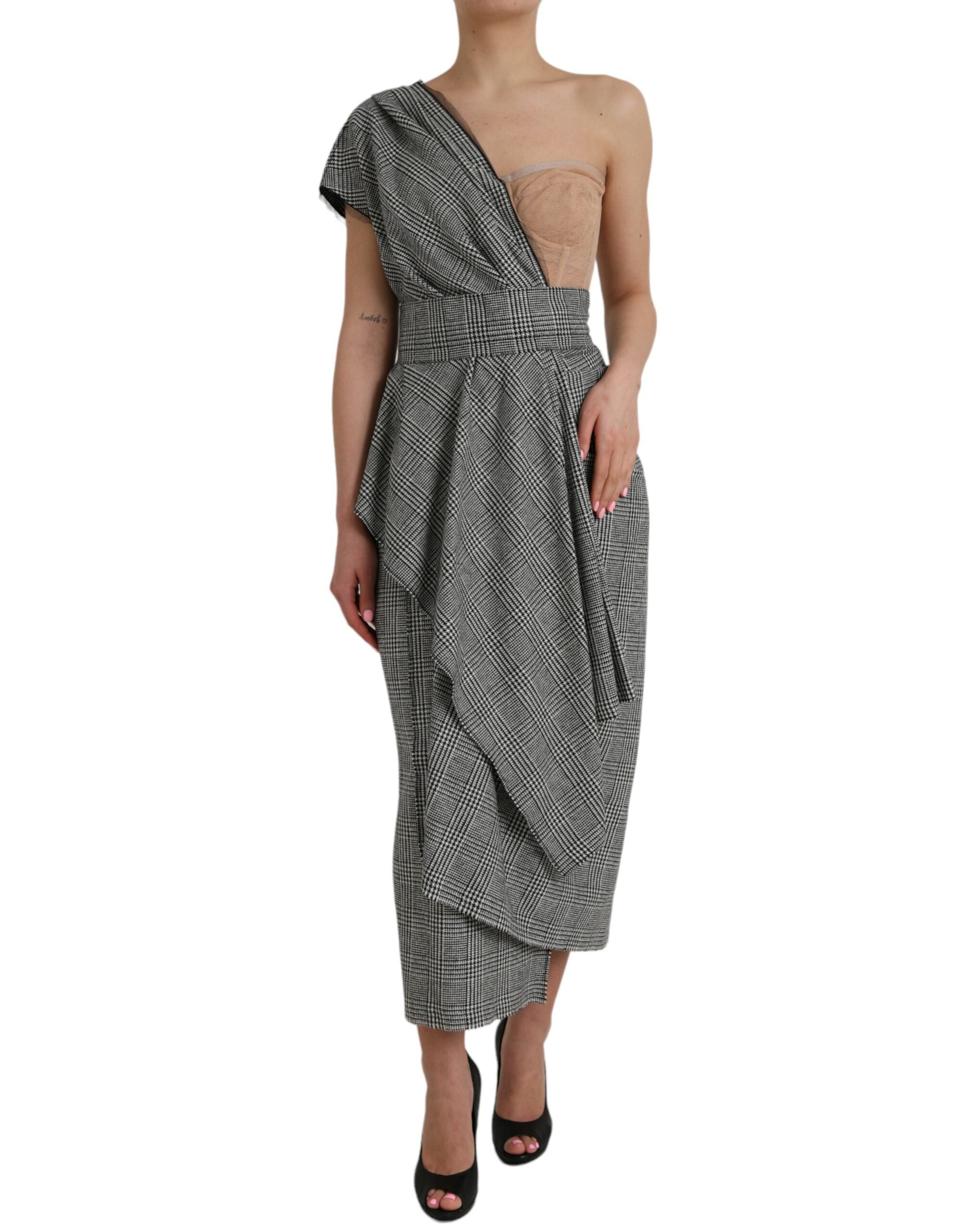 Dolce & Gabbana Grey Beige Layered Maxi Dress with One Shoulder-2