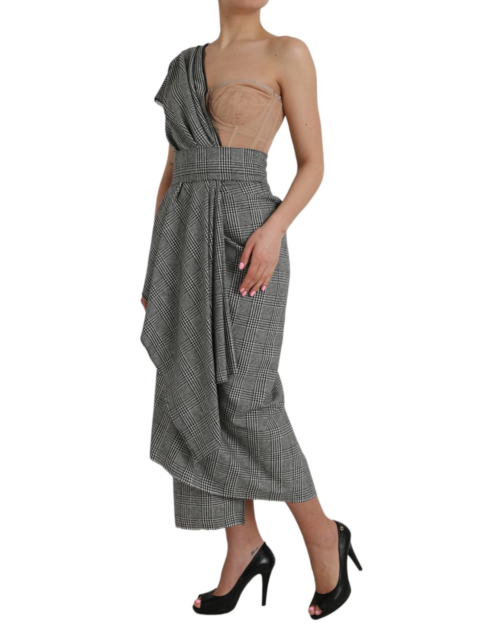 Dolce & Gabbana Grey Beige Layered Maxi Dress with One Shoulder-3
