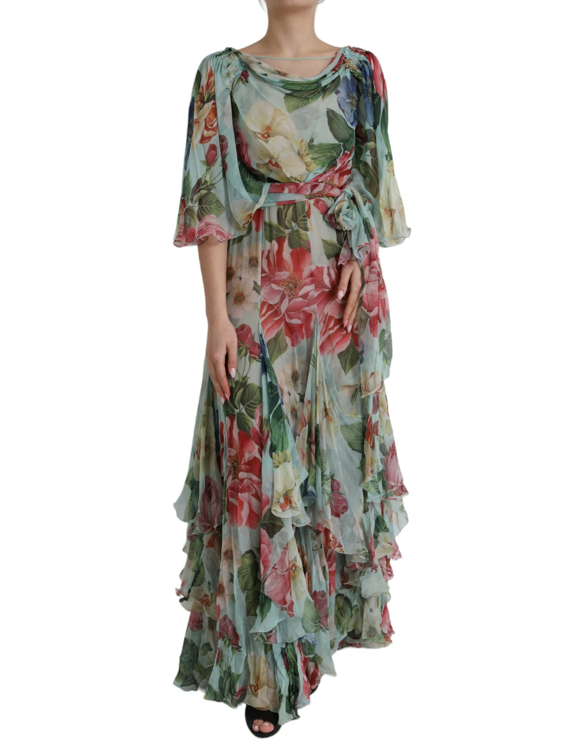 Dolce & Gabbana Blaues gestuftes Maxikleid mit Blumendruck-2