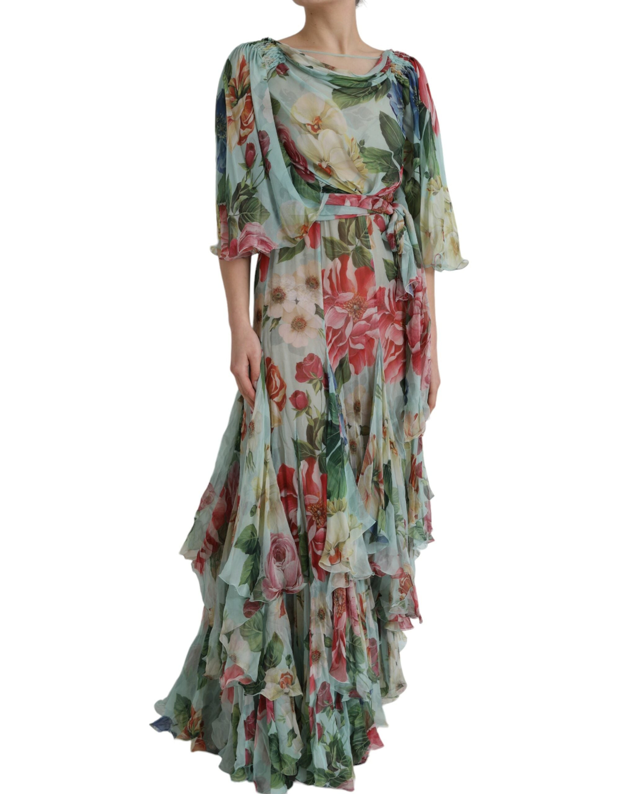 Dolce & Gabbana Blaues gestuftes Maxikleid mit Blumendruck-3