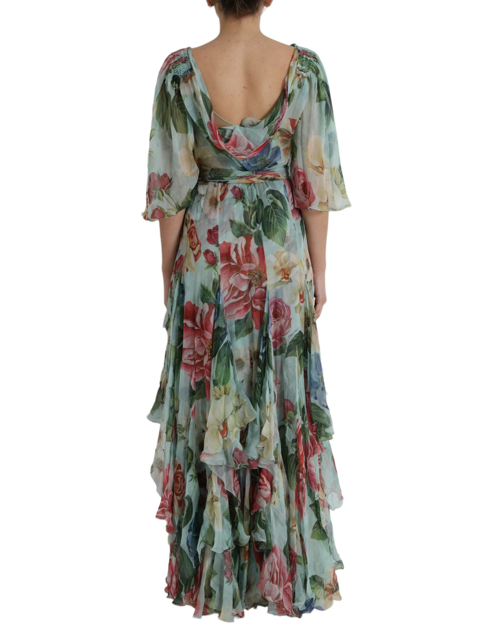 Dolce & Gabbana Blaues gestuftes Maxikleid mit Blumendruck-4
