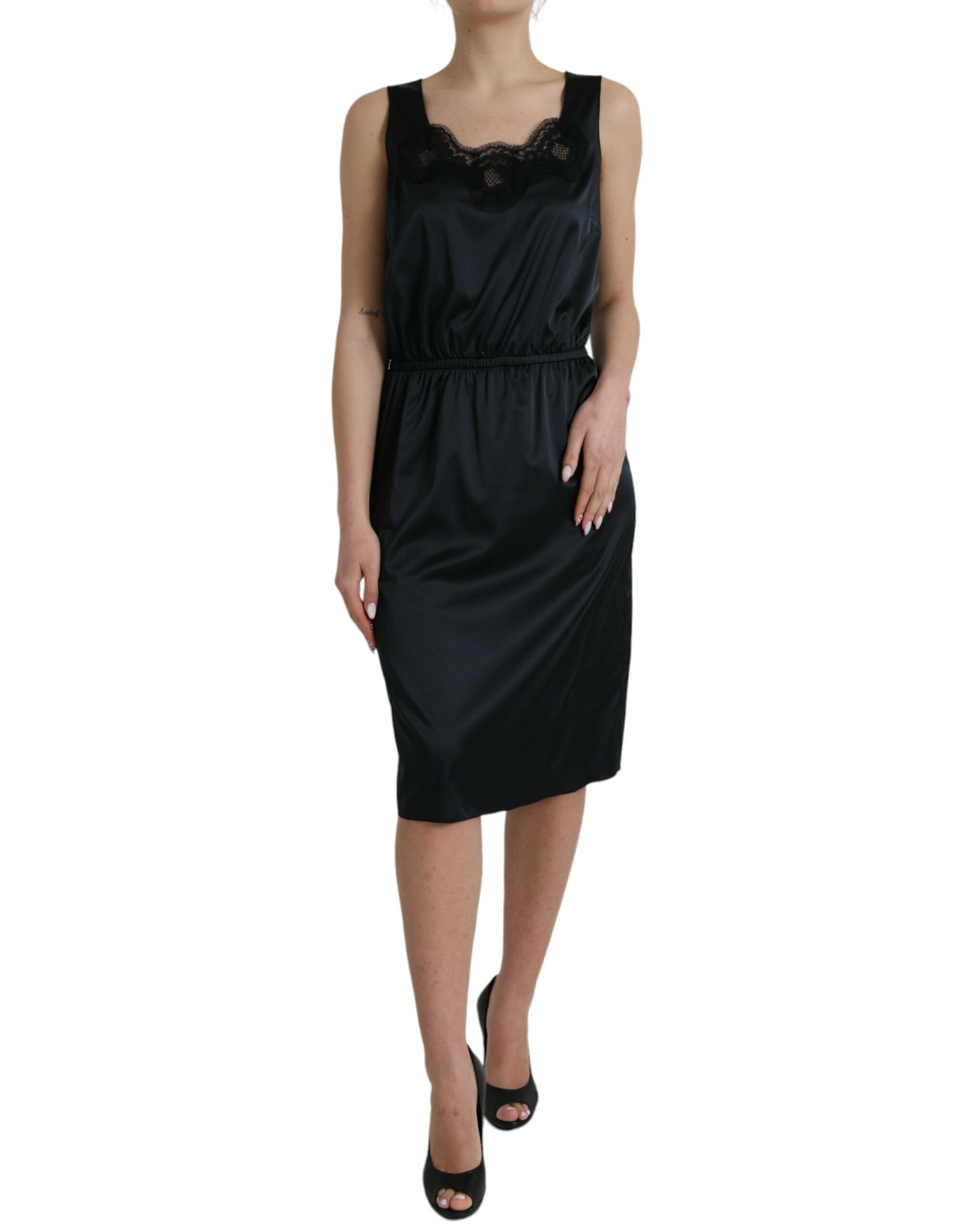 Dolce & Gabbana Black polyester midi dress with lace trim-2