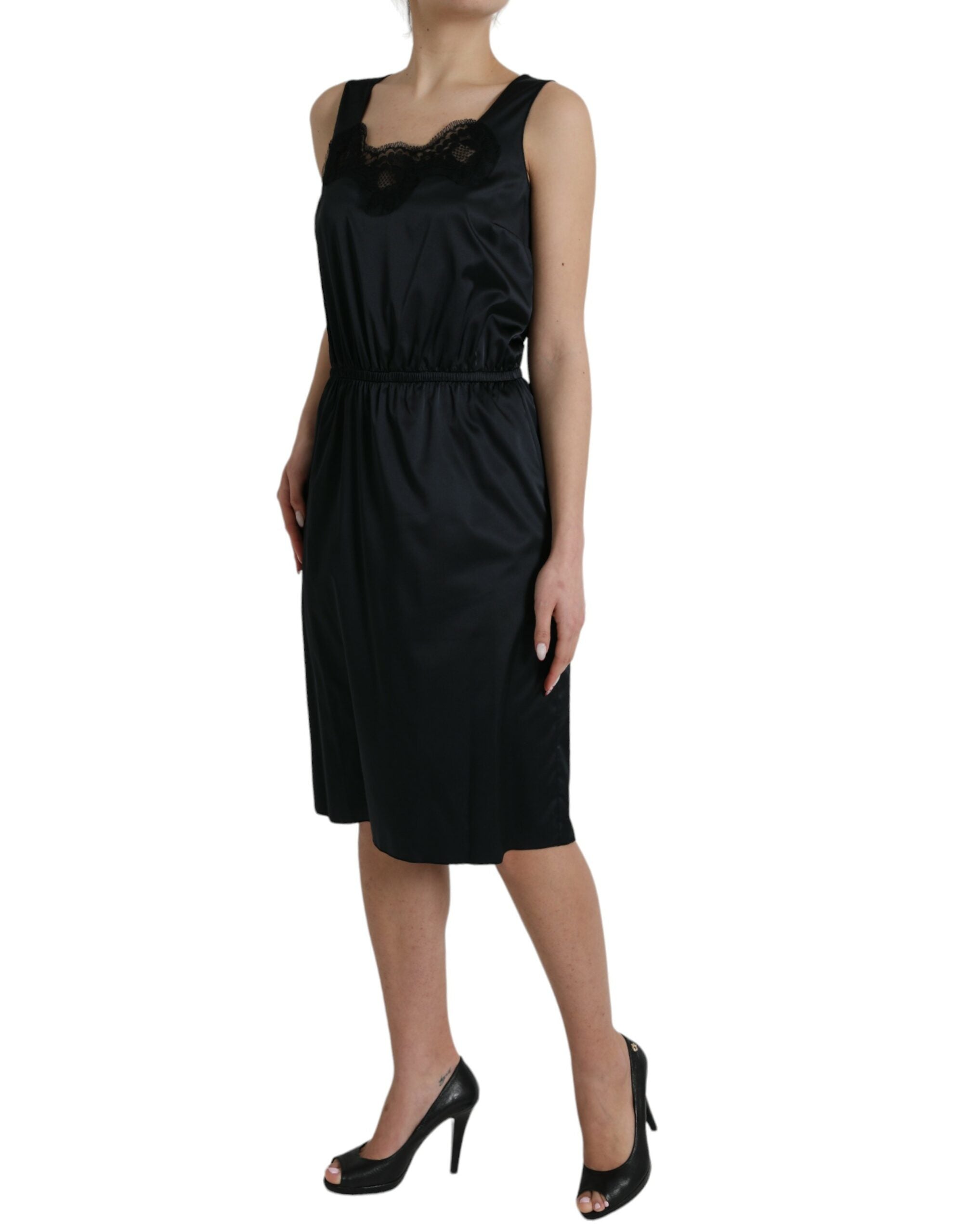 Dolce & Gabbana Black polyester midi dress with lace trim-3