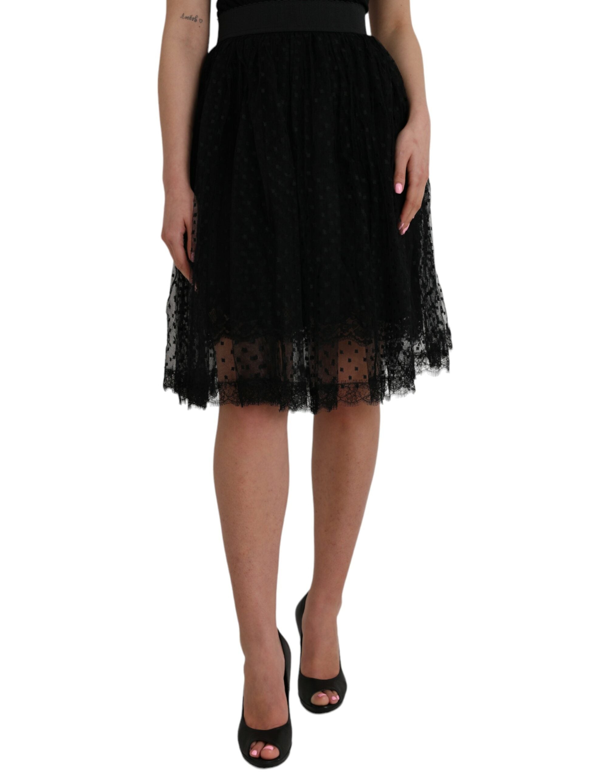 Dolce & Gabbana black nylon skirt with lace trim and high waist in A-line-2
